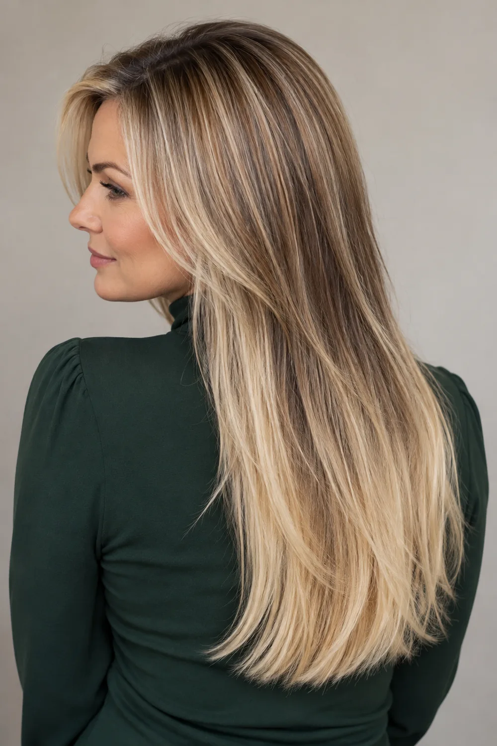 A woman in a forest-green high-neck blouse with long sandy blonde hair, softly blended brunette panels through the crown and mid-lengths, and bright blonde ends.