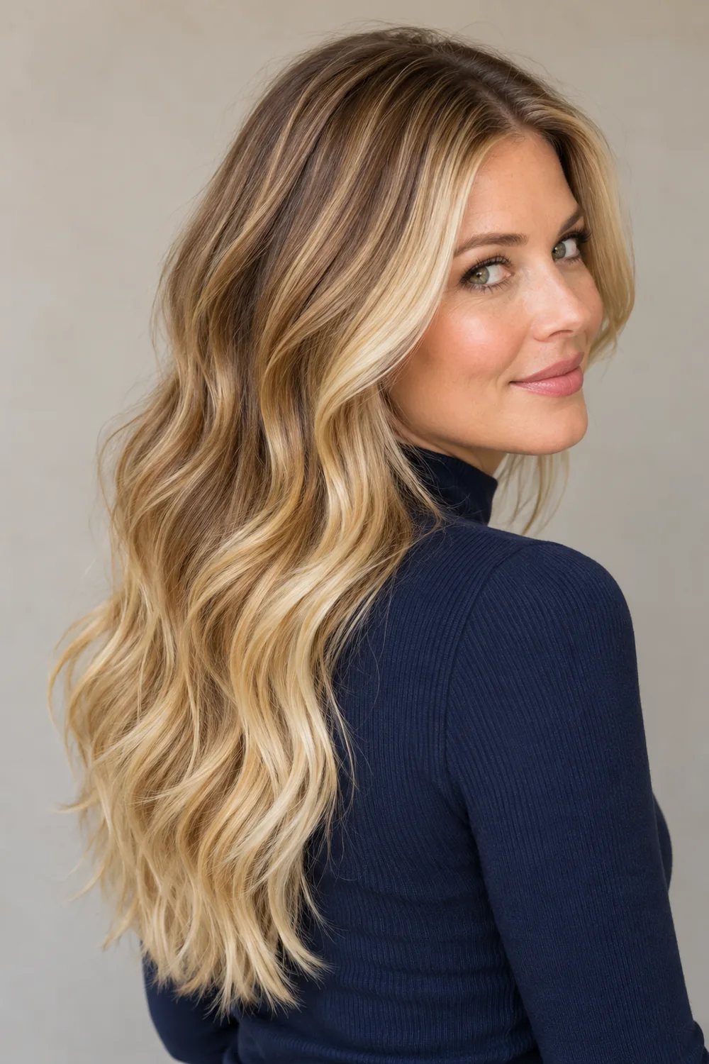 Long golden blonde waves with darker caramel and brown dimension through the crown and sides, lighter face-framing strands, and pale ends.