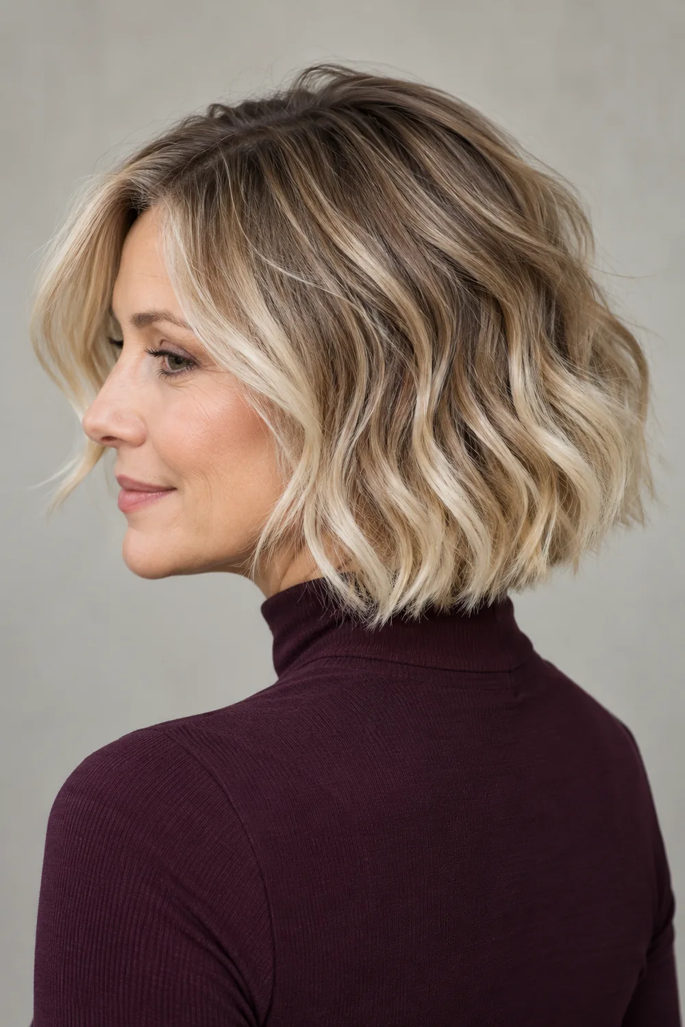 Woman in a plum high-neck top wearing a textured, wavy blonde bob with ash-brown roots and mid-lengths fading to pale ends.