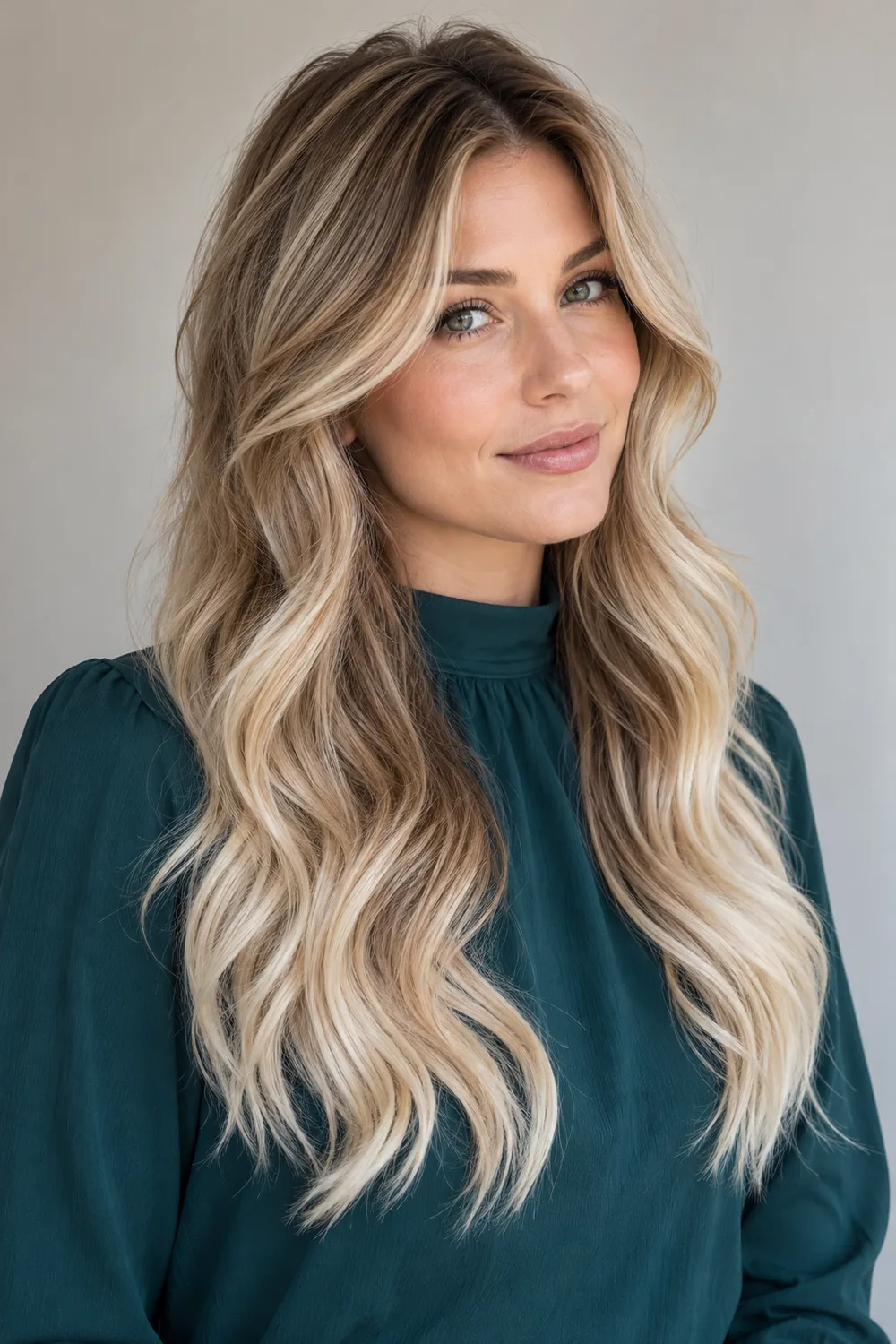 Long, softly waved blonde curtain layers with beige-brown depth at the roots and face-framing sections, fading into pale ends.