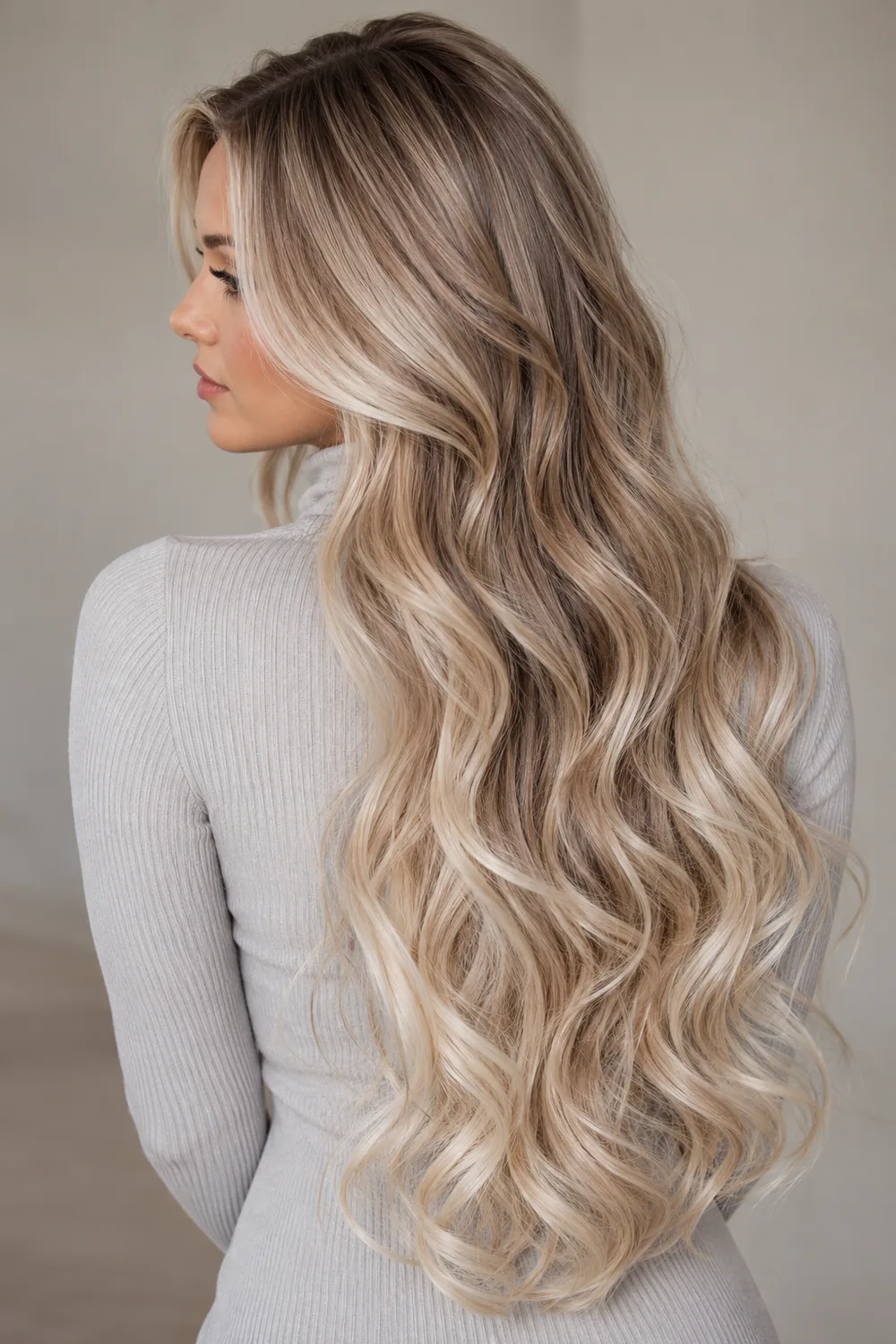 Long pearl blonde waves with a soft brown root shadow, dimensional mid-length lowlights, and bright pale ends, shown from behind at a three-quarter angle.
