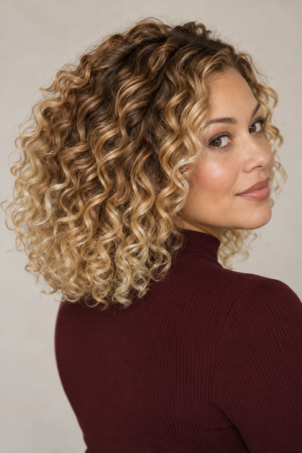 A woman in a burgundy high-neck top looks over her shoulder, showing shoulder-length curls with cinnamon-brown depth and golden blonde ends.