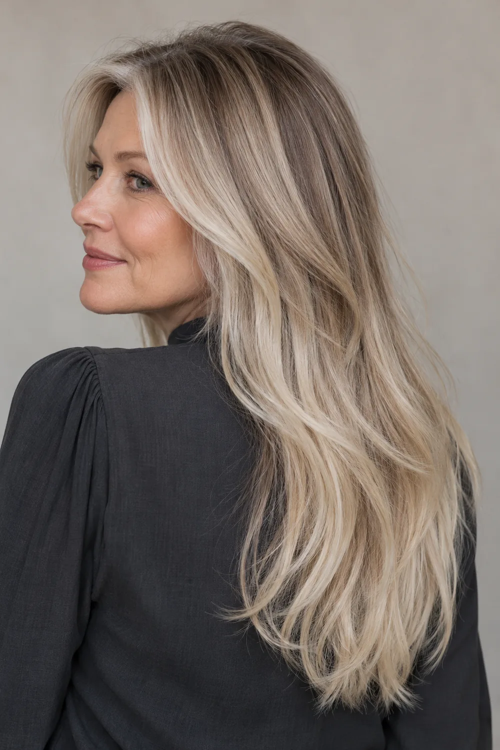Long layered blonde hair with smoky cool-brown roots and upper lengths blending into pale ends, shown in profile.
