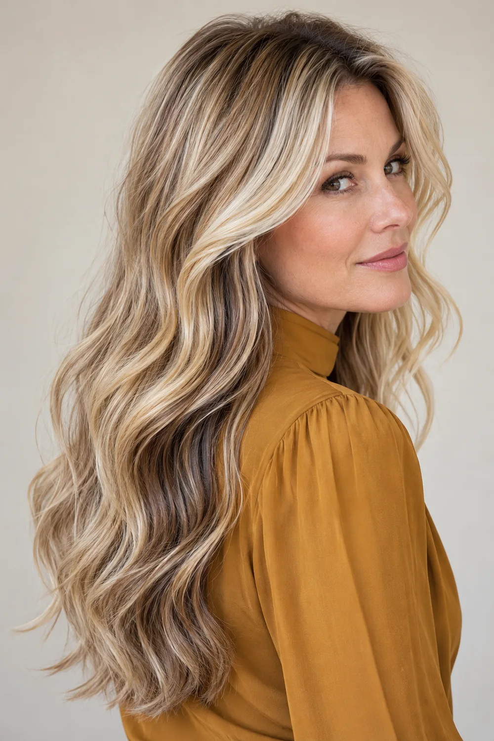 A woman in an ochre high-neck blouse with long, wavy creamy blonde hair, soft chestnut ribbons through the roots and mid-lengths, and light ends.