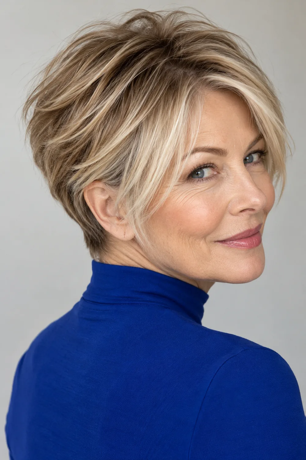 An adult woman in a cobalt high-neck top, shown in three-quarter view with a short blonde pixie bob, sandy brown depth through the crown and upper sides, and bright fringe and tips.