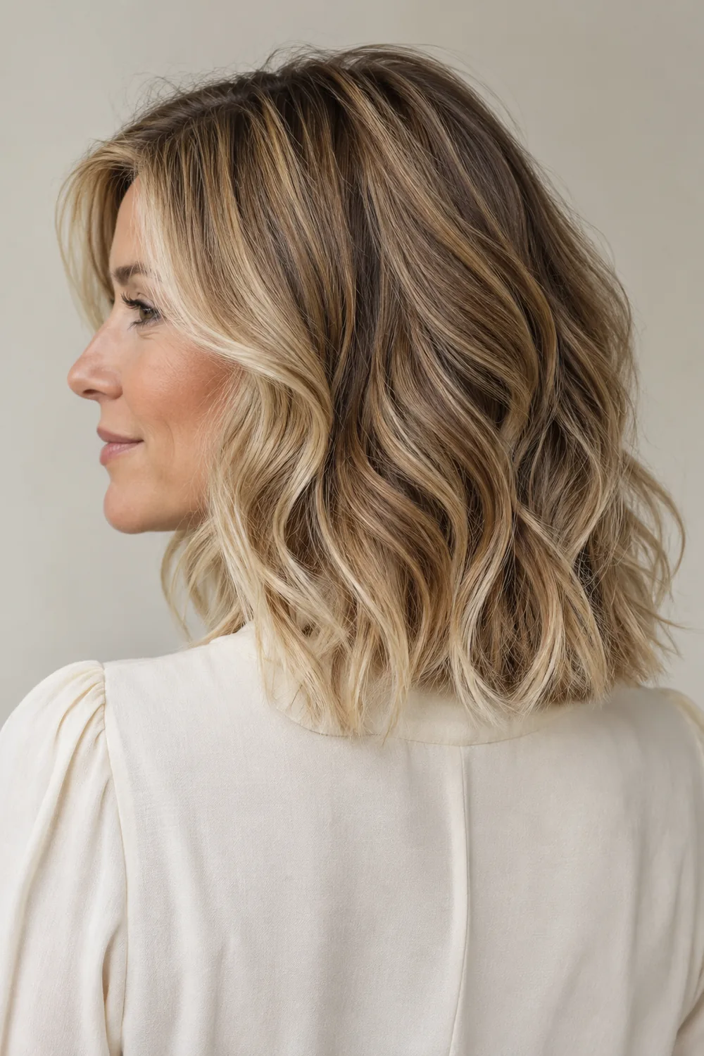 Three-quarter profile portrait of a woman with shoulder-length wheat blonde waves, darker bronze-brown roots and mid-length dimension, and lighter blonde ends.