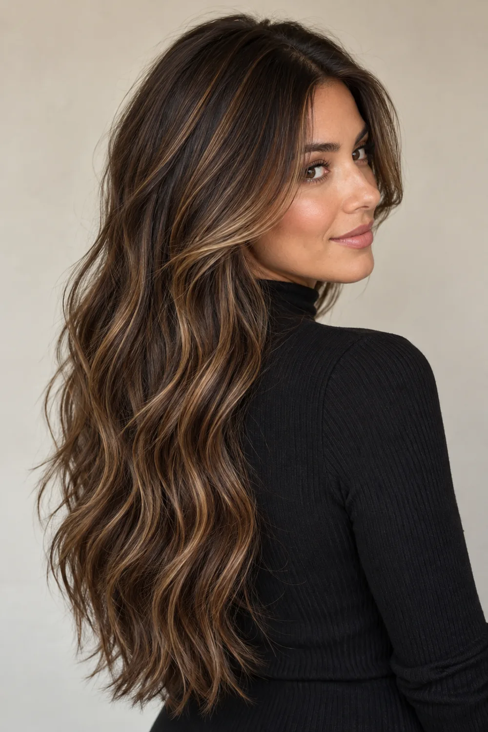 Adult woman in a three-quarter pose with long, loose dark brown waves and warm caramel ribbon highlights framing her face and scattered through the lengths.