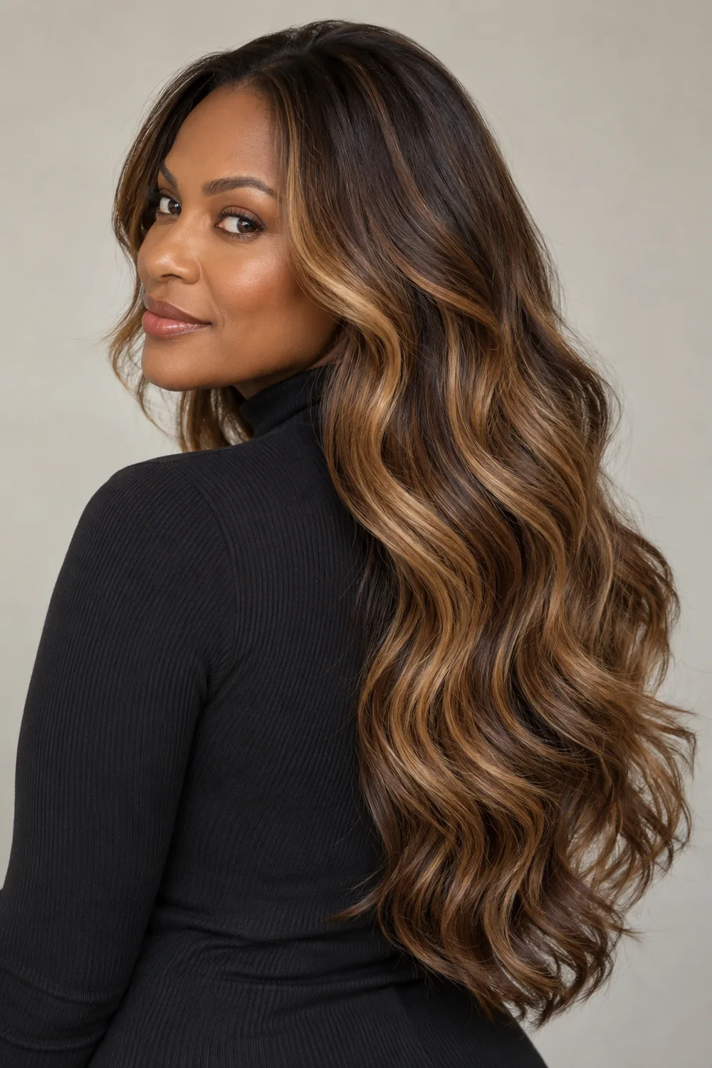 A woman with long, defined medium brown waves featuring golden toffee highlight ribbons through the lengths and ends, photographed from a rear three-quarter angle.
