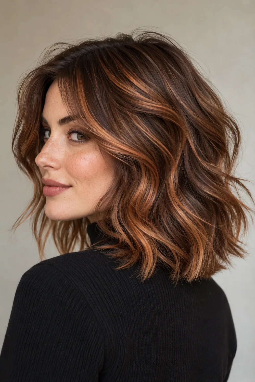 A woman in a black high-neck top with tousled shoulder-length chestnut brown hair and copper ribbon highlights flowing through the crown, waves, and ends.