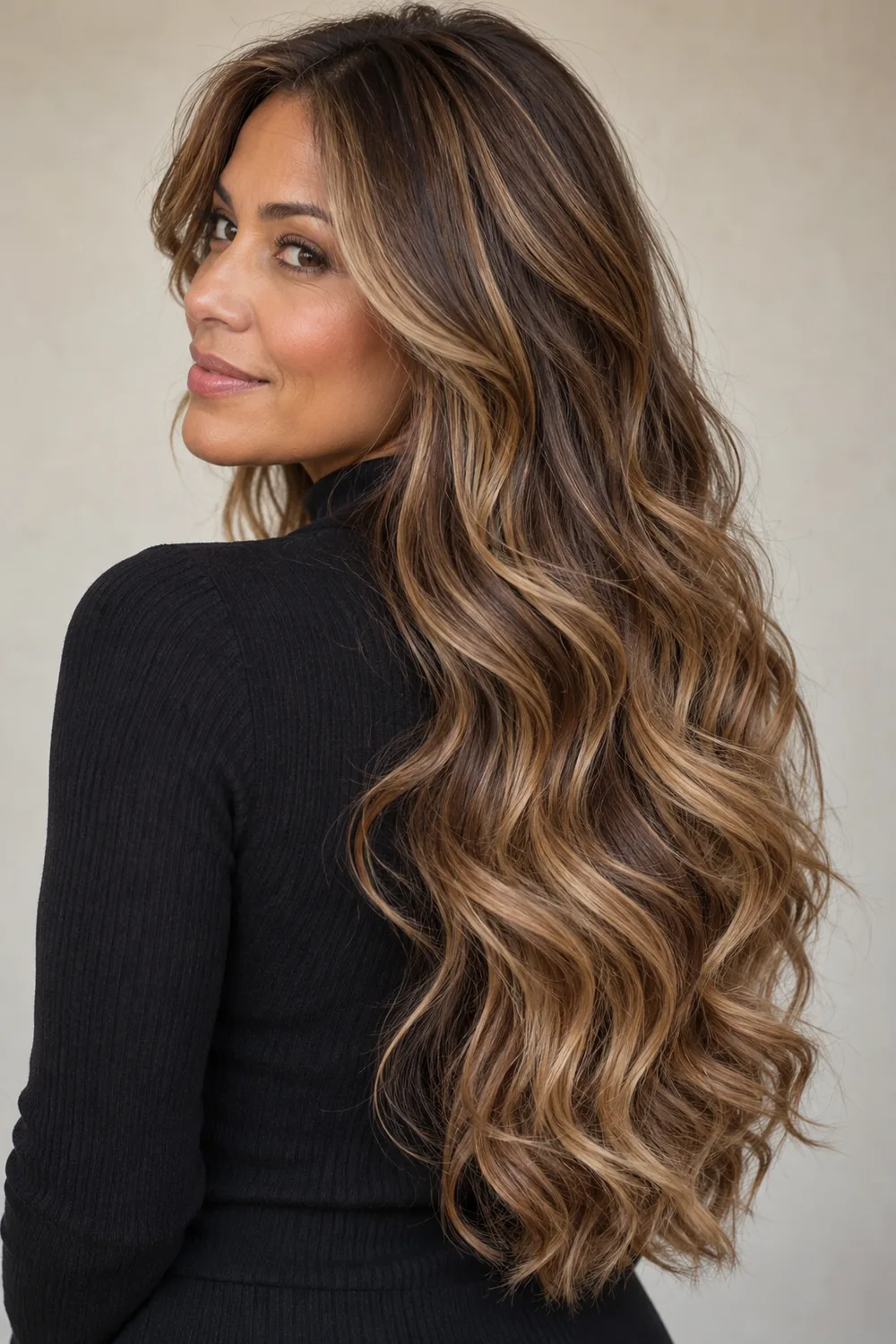 Long, loose light brown curls with honey-gold ribbon highlights that widen and brighten toward the ends, shown in a three-quarter rear view.