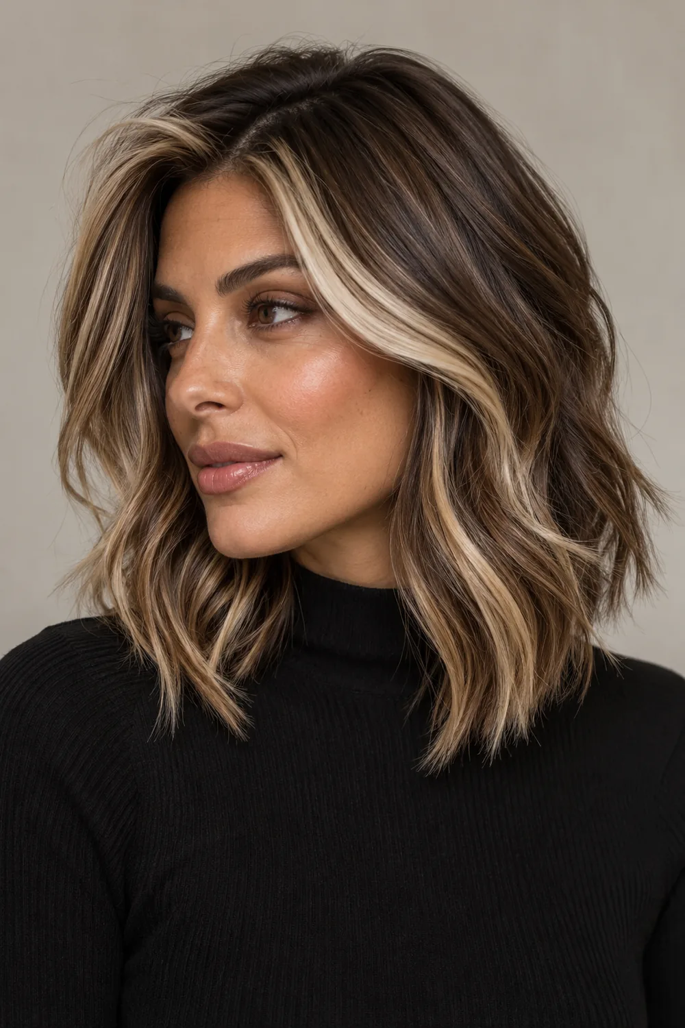 A woman with a wavy medium-brown angled lob and bold beige-blonde ribbons sweeping back from the face.