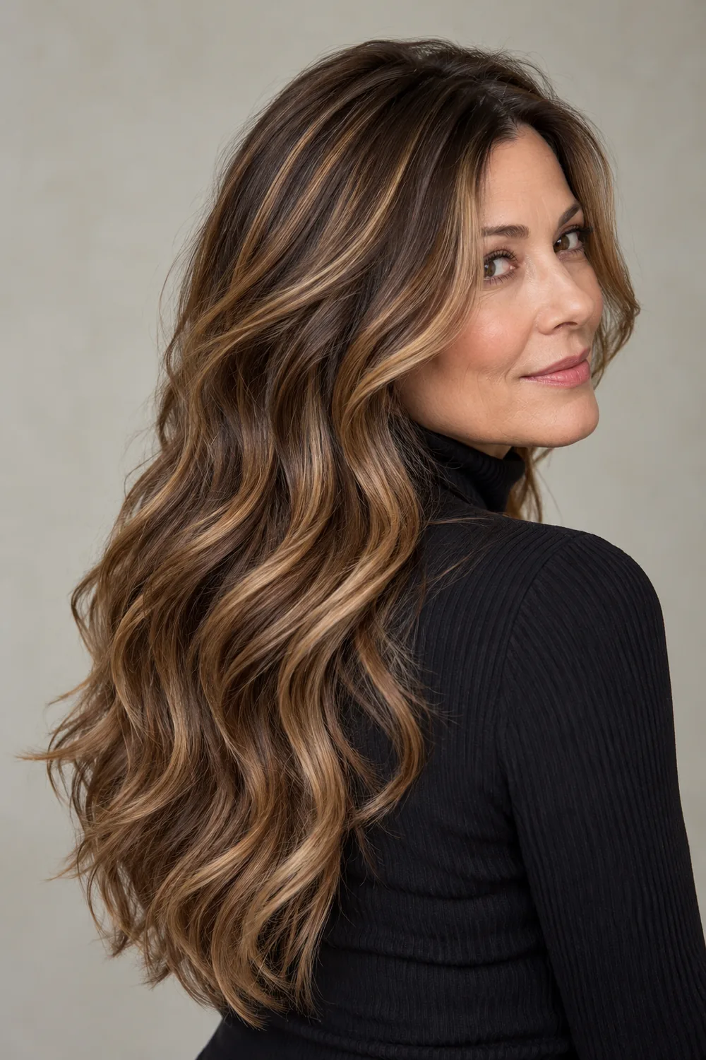 Long dark brown waves with distinct maple and cinnamon highlight ribbons, shown from a three-quarter angle against a neutral background.