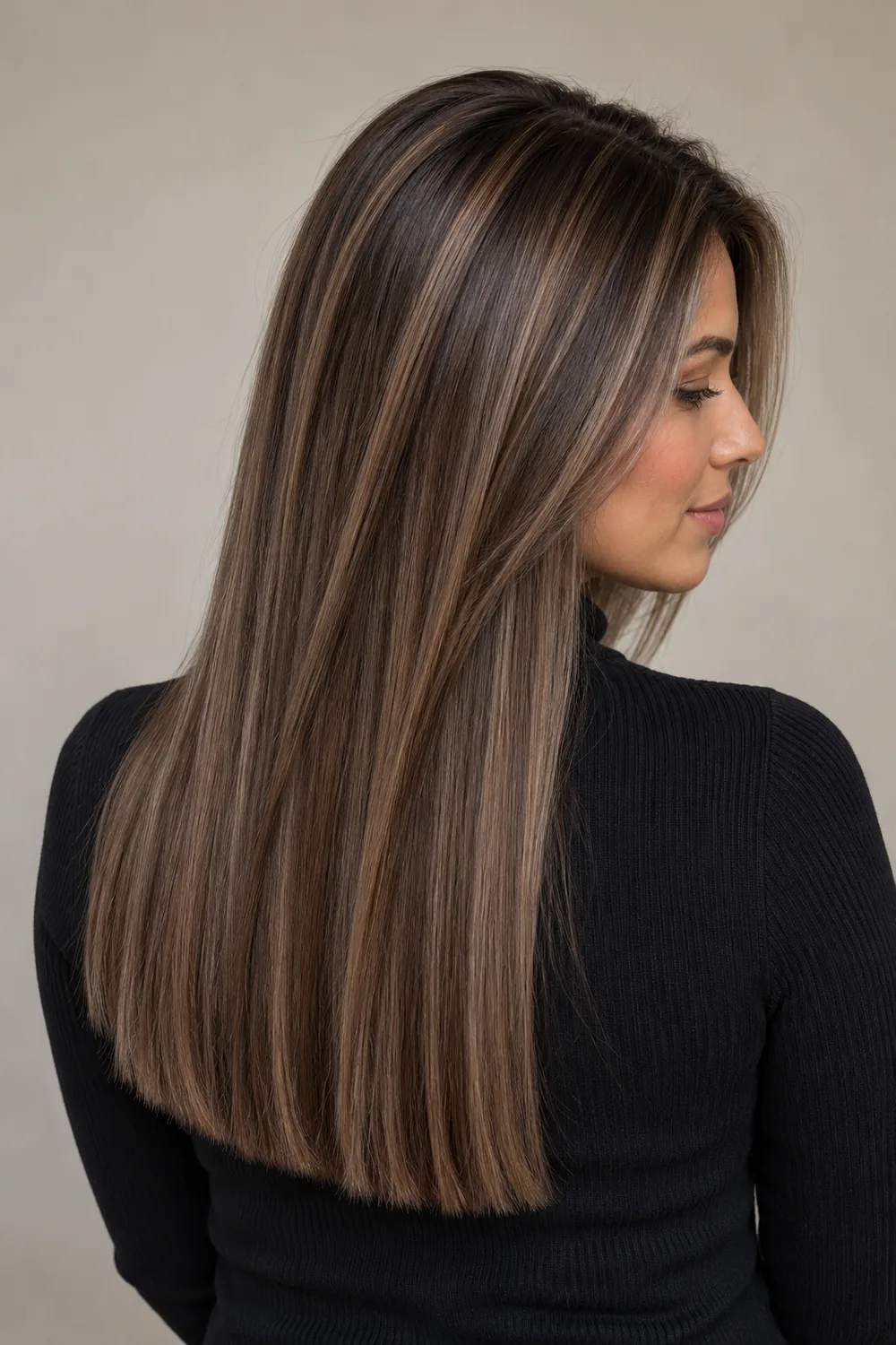 Long, straight brunette hair with fine mushroom brown ribbons from crown to blunt ends, shown from a slight side angle.