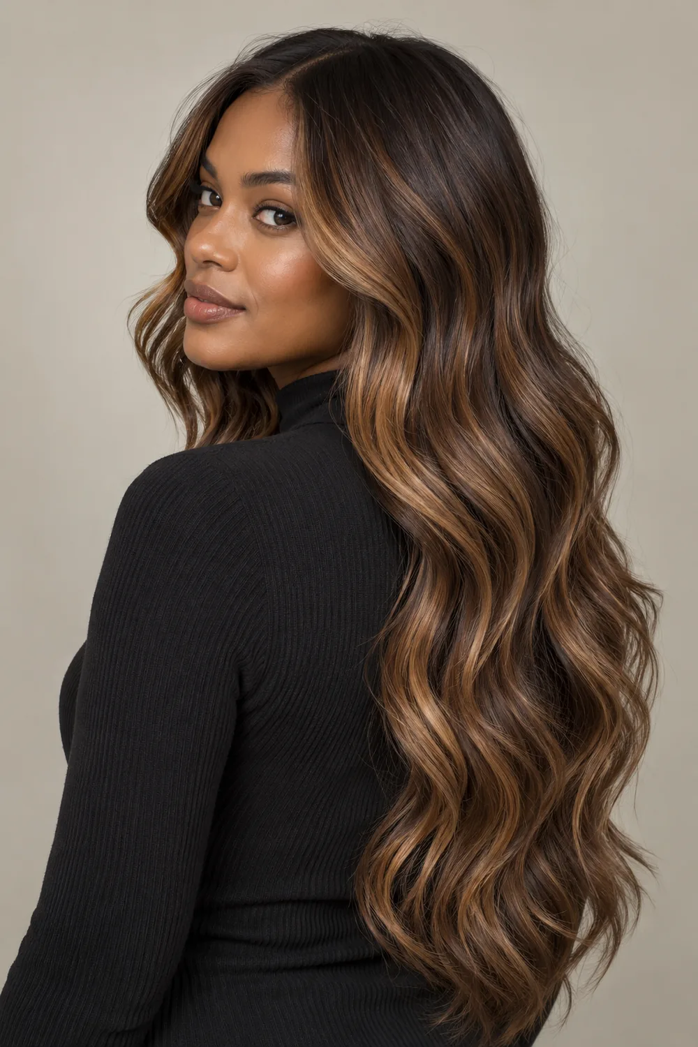 A woman with long sculpted waves in medium-deep brown, accented by wide toffee ribbons that sweep from below the roots to the ends.
