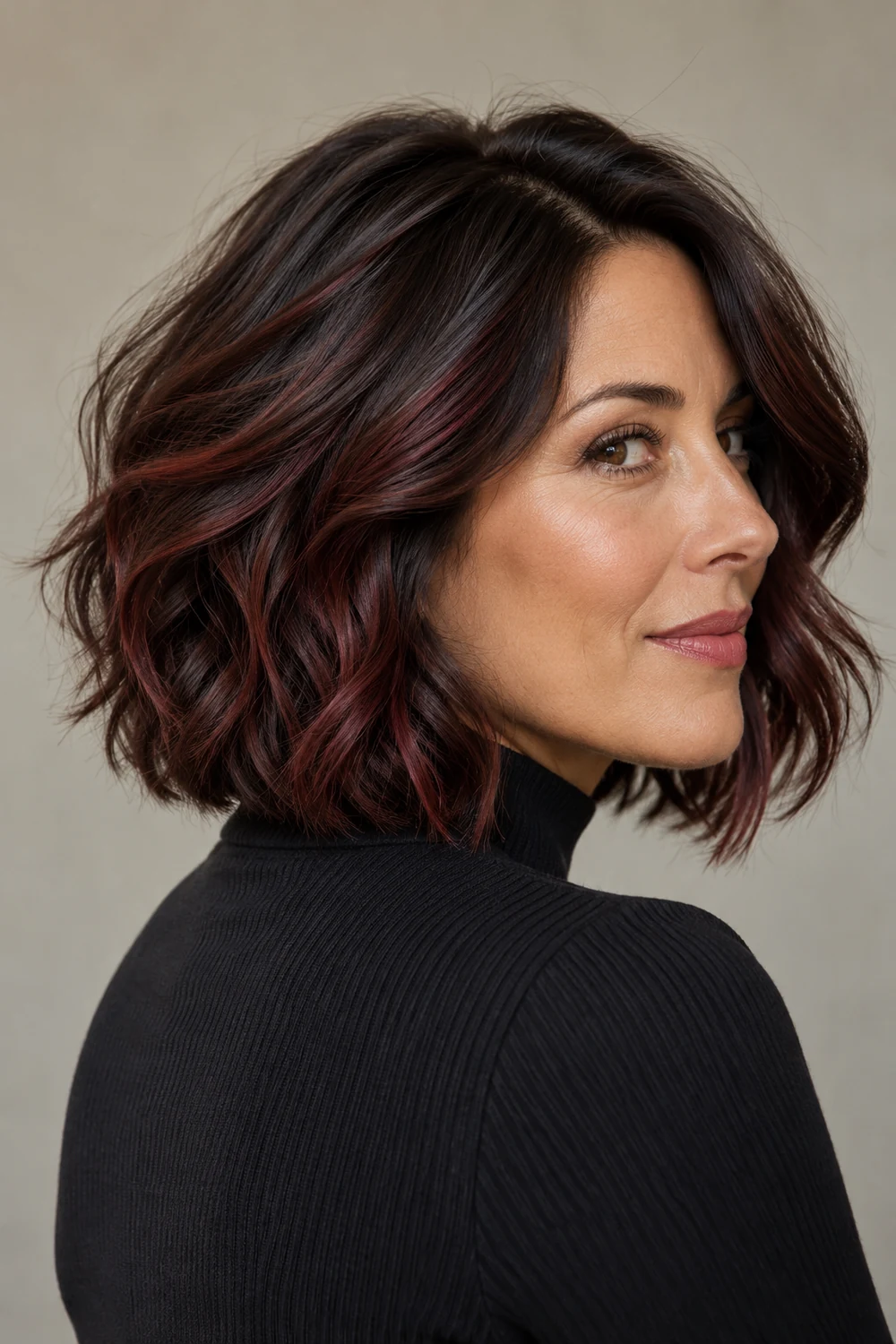 A woman with a wavy, layered near-black brown bob and deep mahogany red ribbons through the lower lengths, photographed from a three-quarter rear angle.