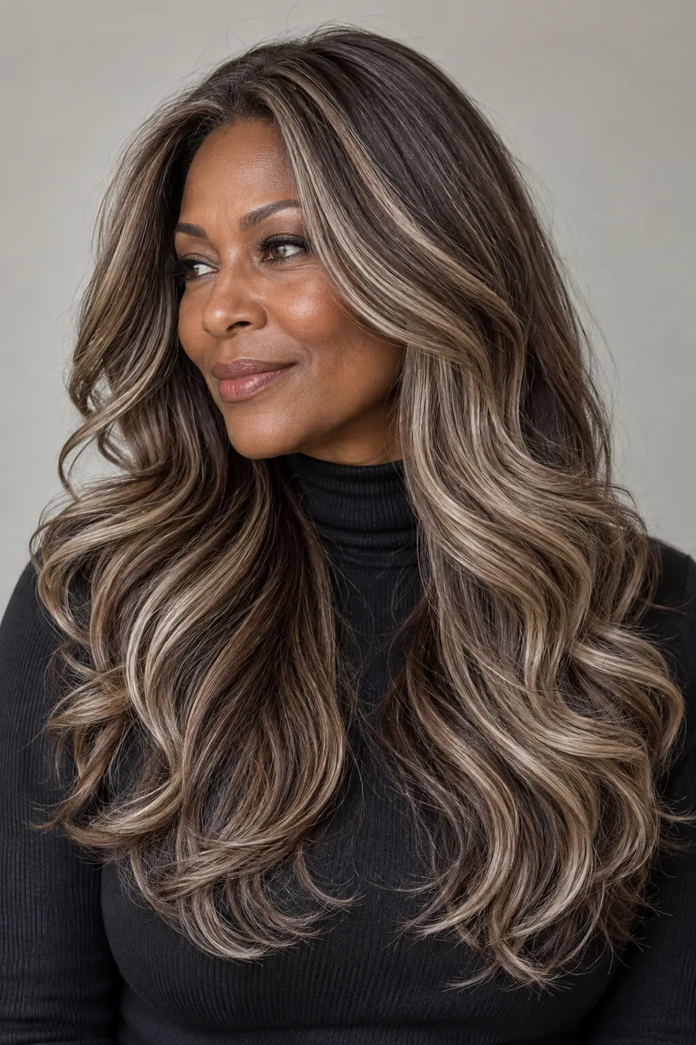 An adult woman with deep umber skin wears long, layered cool brown hair with pearly beige ribbon highlights and soft curls, shown in a three-quarter portrait.