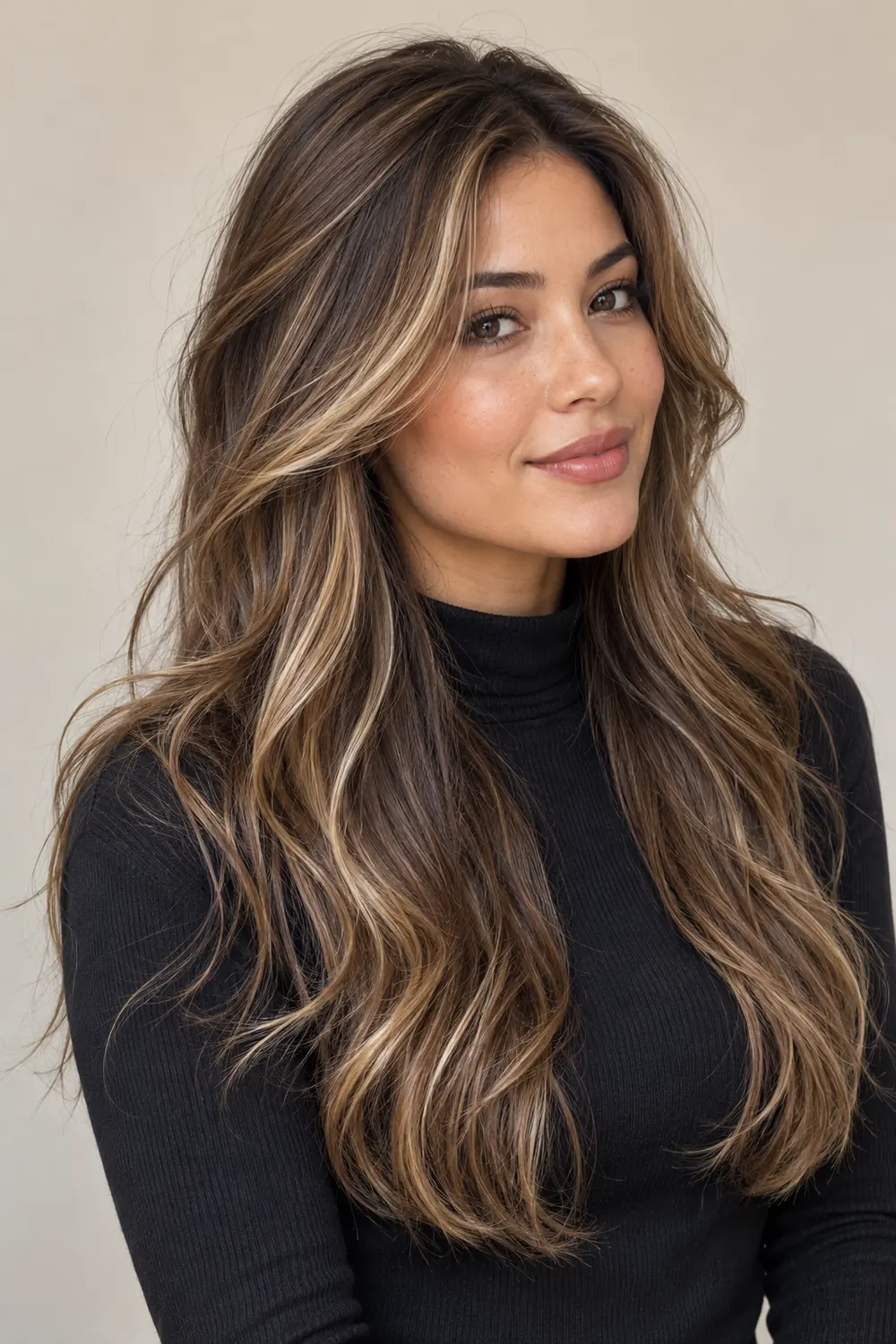 Long, airy warm brown hair with sandy blonde ribbons around the face and through the upper layers, shown against a neutral background.