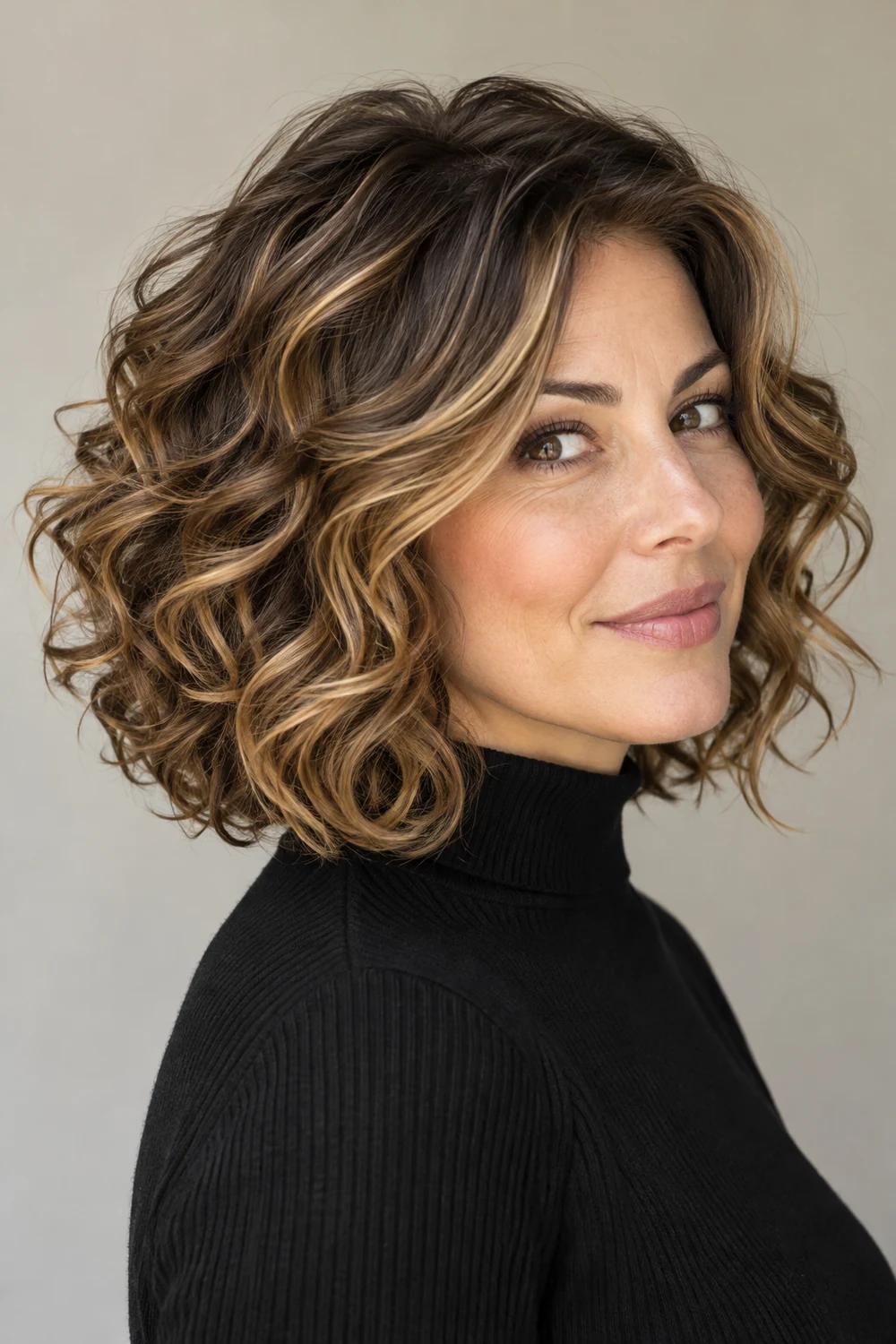 Adult woman with a rounded curly lob, medium brown hair, and distinct caramel ribbons framing her face and running through the curls.