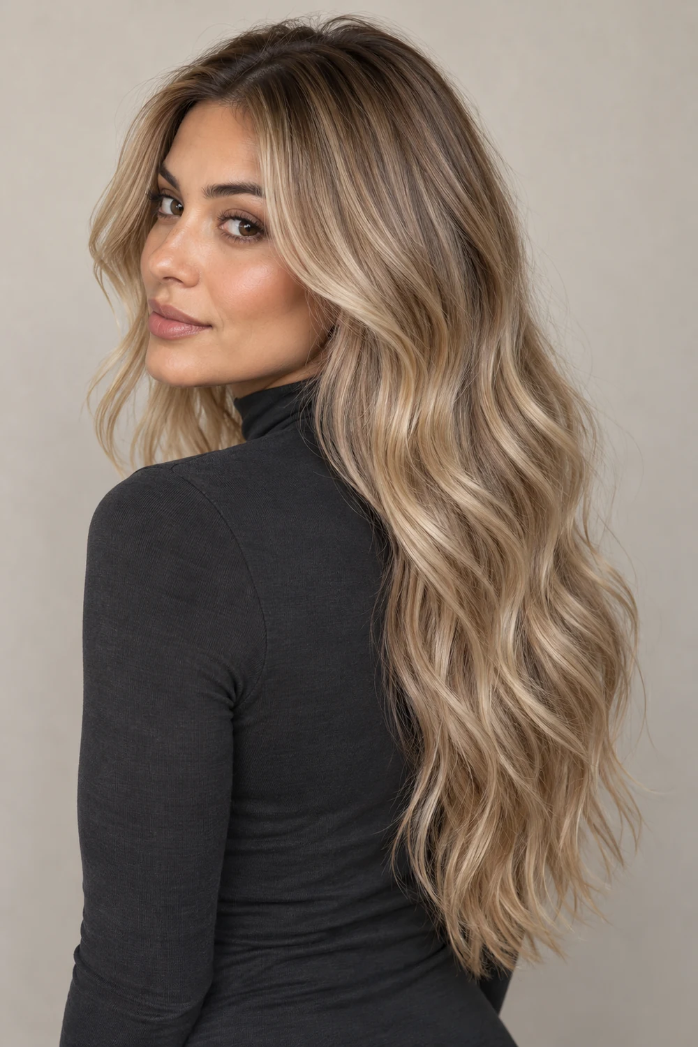 Adult woman in a charcoal high-neck top with long, loose beige sandy blonde waves, a soft darker root, and lighter ribbons throughout.