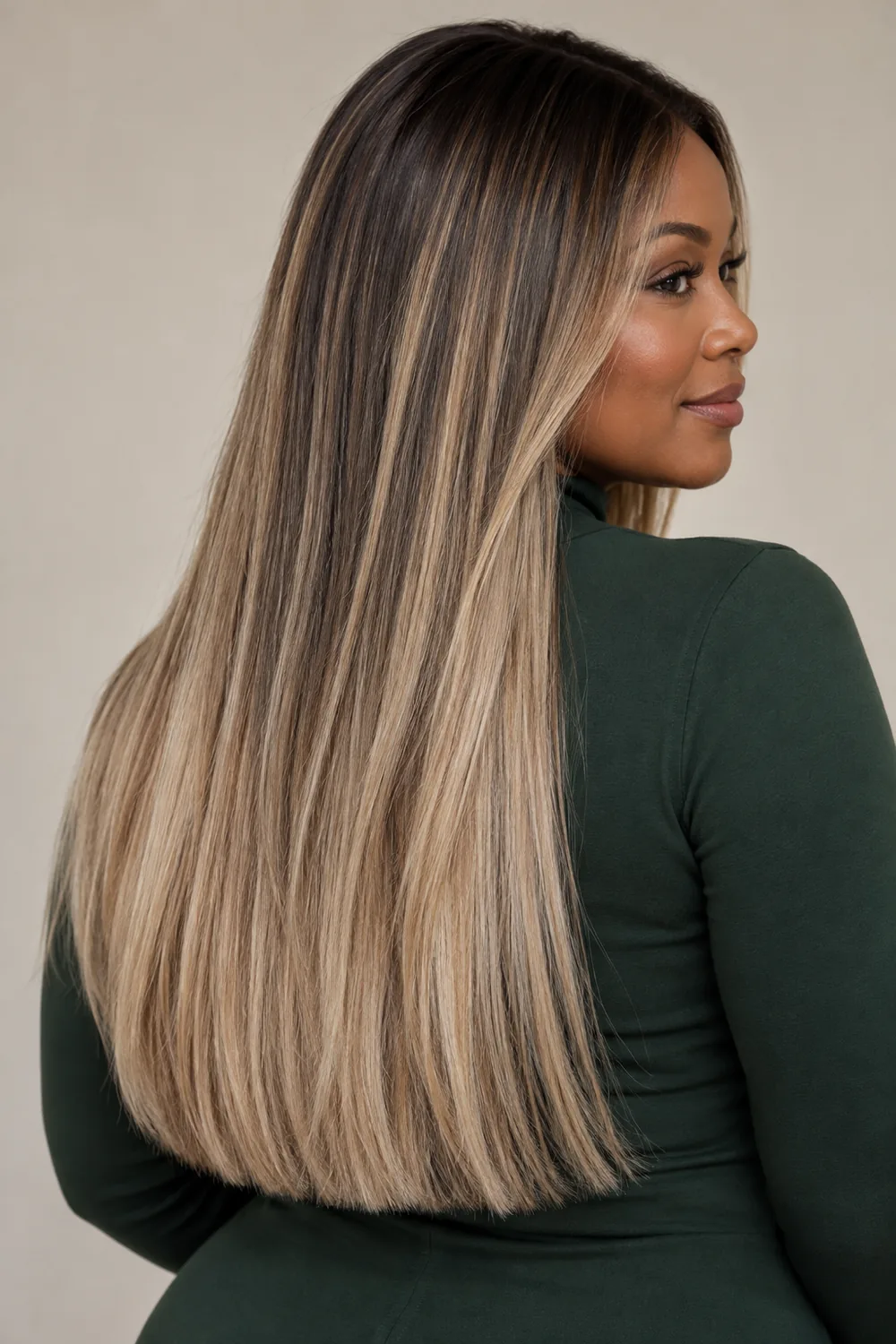Long, straight sandy blonde hair with a dark natural root and muted beige balayage concentrated through the lengths and ends, shown from a three-quarter rear angle.