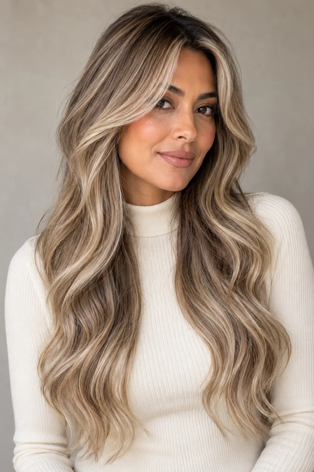 Adult woman with long sandy blonde waves, beige face-framing panels, curtain fringe, and softly shaded roots, wearing a cream high-neck top.