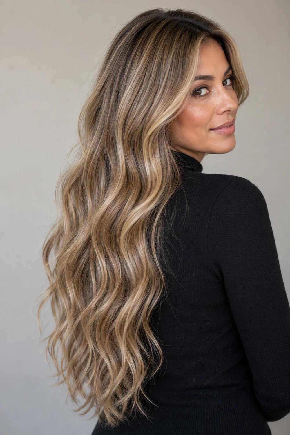 A woman in a black high-neck top looks over her shoulder, showing long sandy beige blonde waves with taupe lowlights, lighter ribbons, and softly blended darker roots.