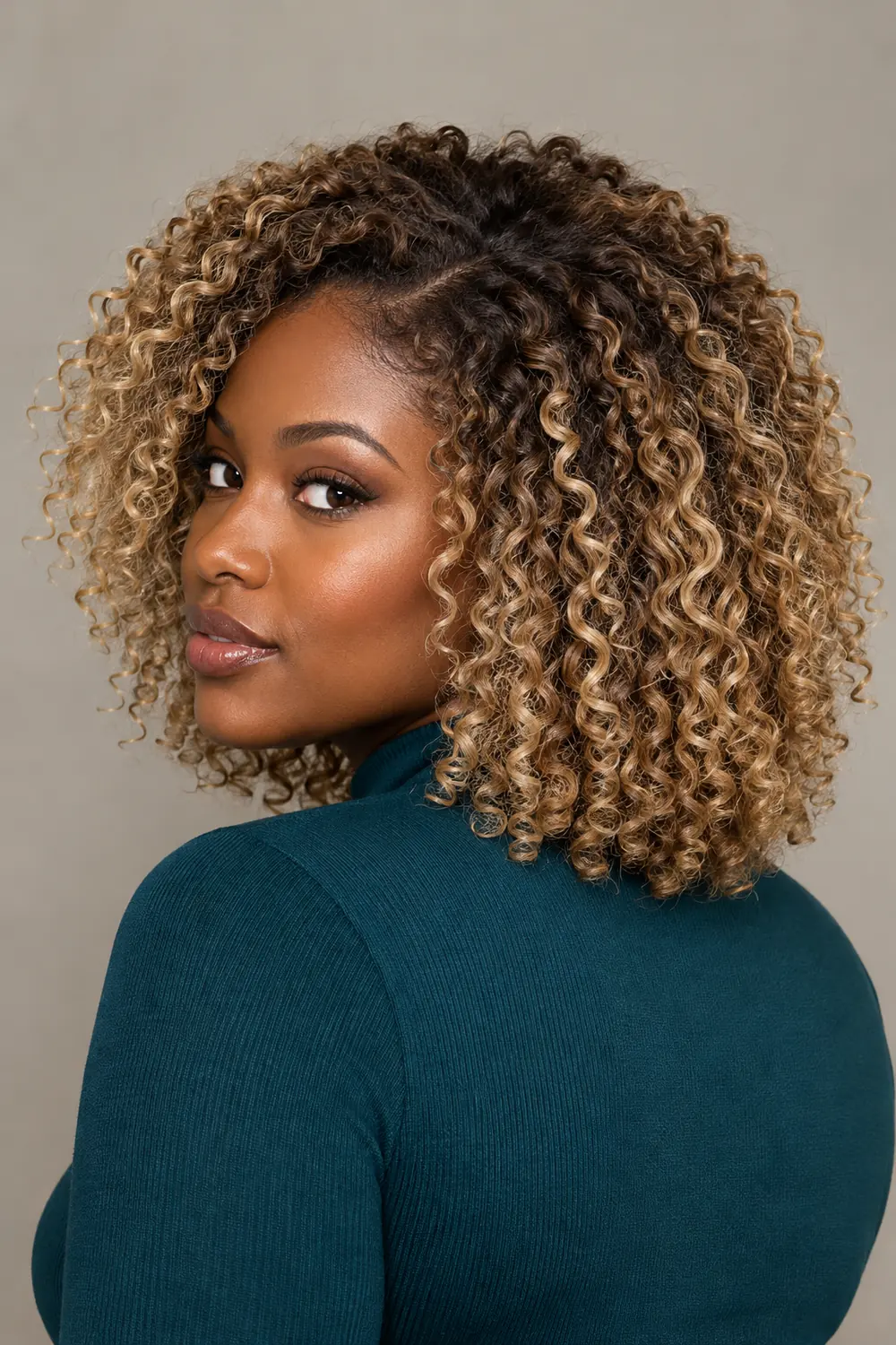 Adult Black woman in a teal high-neck top with rounded shoulder-length sandy blonde curls, darker roots, and beige highlights.