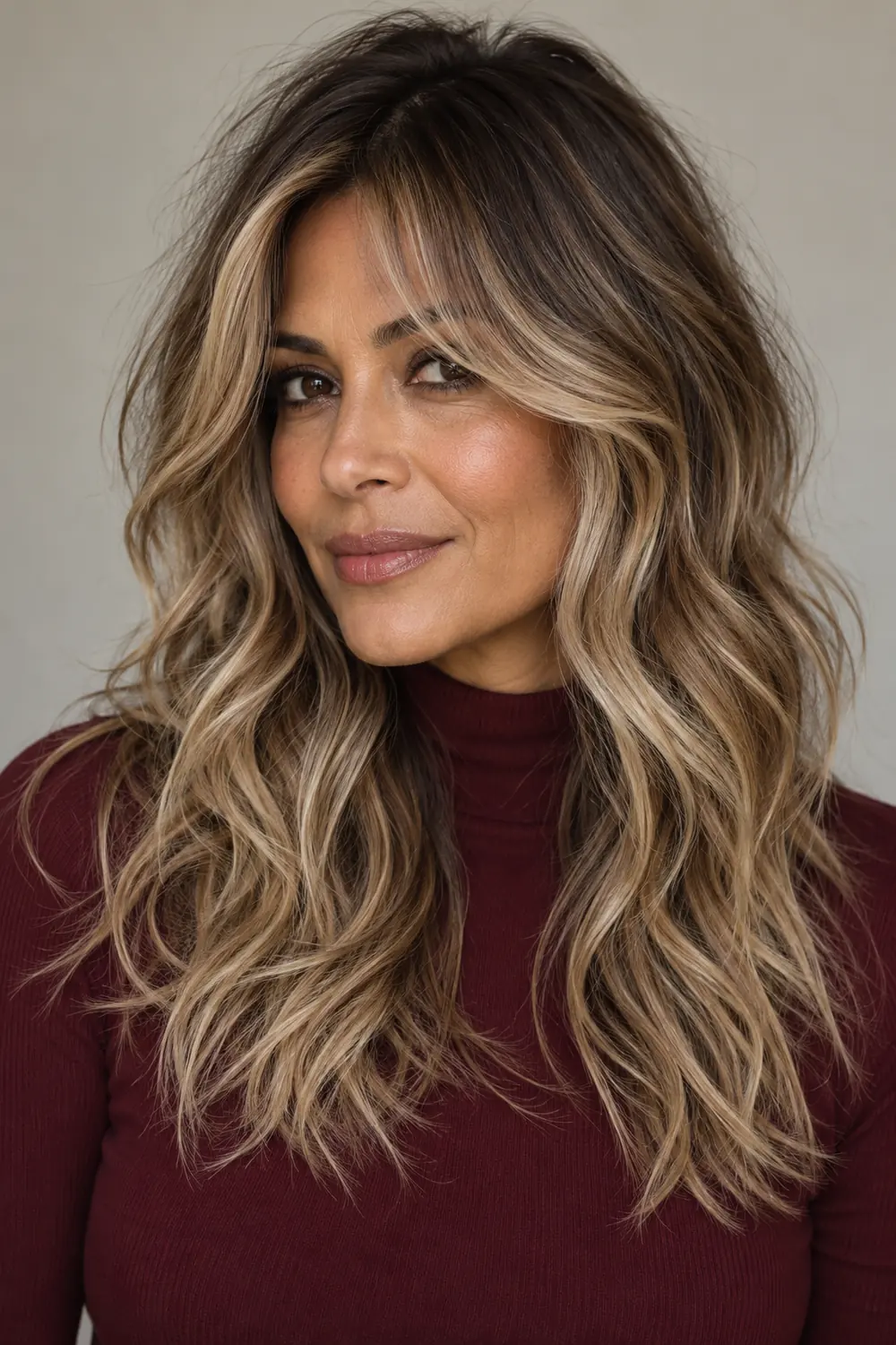 Adult woman with long, wavy sandy blonde shag, dark brown roots, beige face-framing highlights, and fringe, wearing a burgundy high-neck top.
