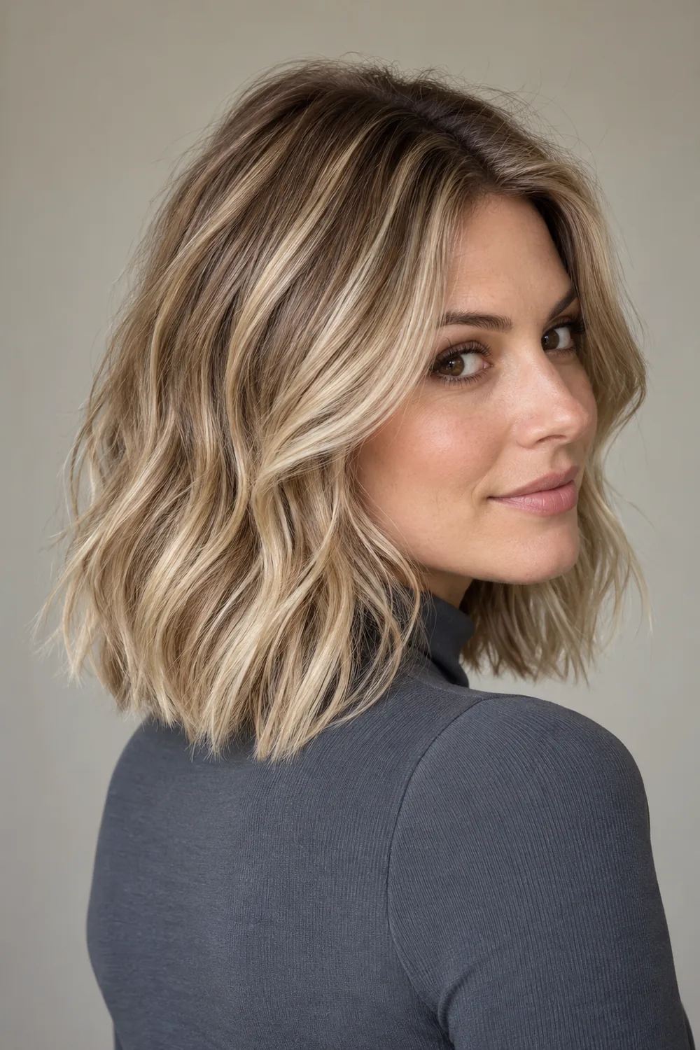 A woman in a slate high-neck top, shown in three-quarter view with a shoulder-length sandy blonde lob, darker roots, and diagonal beige ribbons.