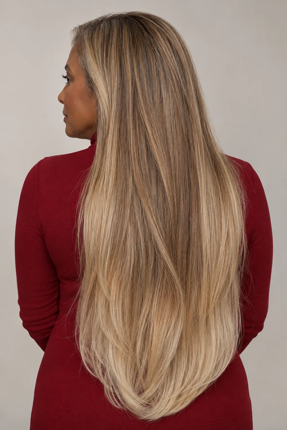 A woman in a dark red high-neck top, shown from behind in three-quarter view, with long straight sandy blonde hair transitioning from deeper roots to lighter beige ends.