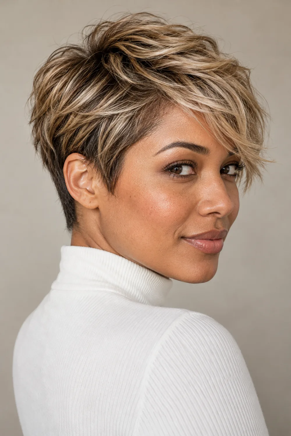 Adult woman in a white high-neck top with a textured sandy blonde pixie, darker tapered sides, and beige highlights through the crown and fringe.