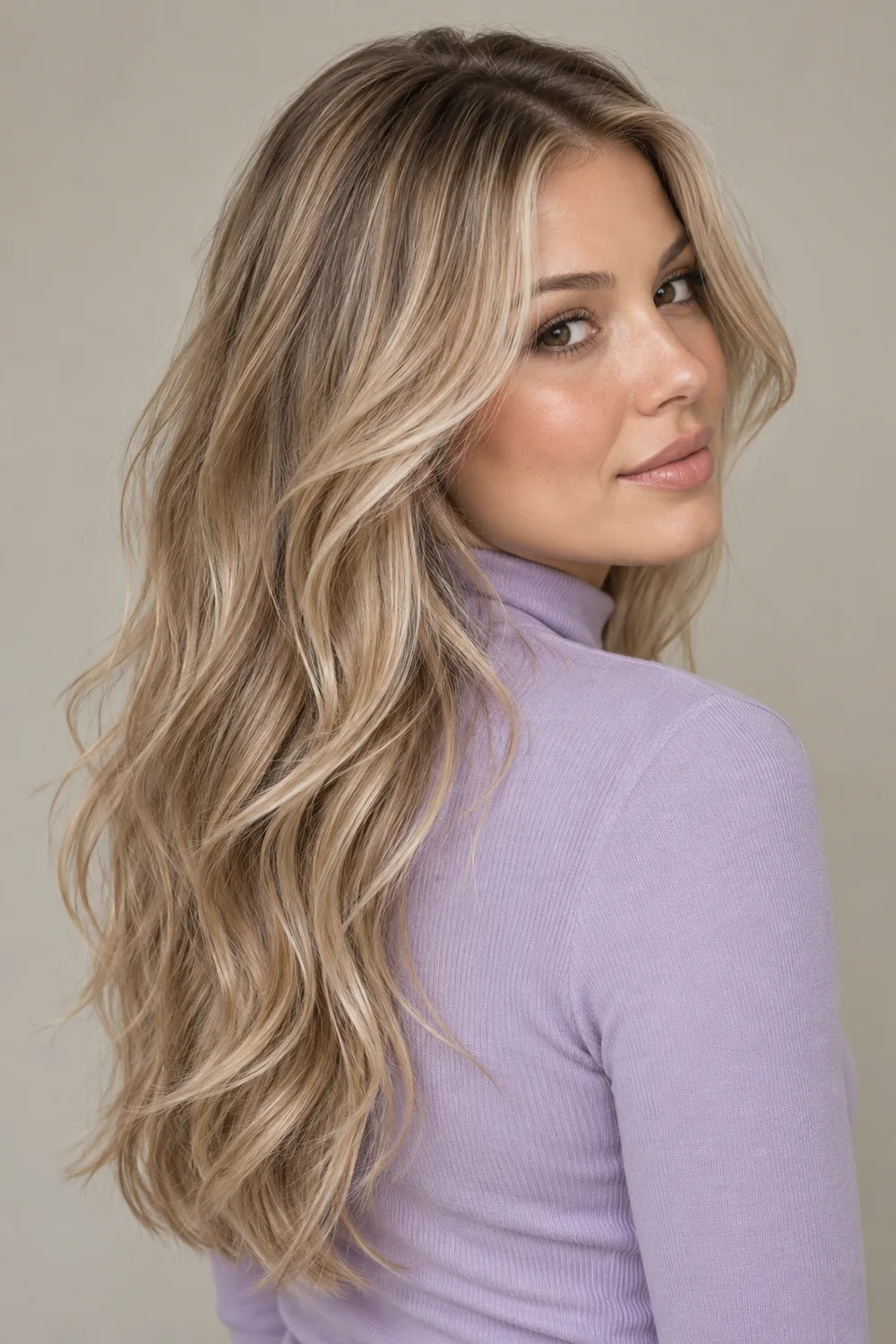 A woman in a lavender high-neck top with long, softly waved sandy blonde hair, blended darker roots, and fine beige highlights.