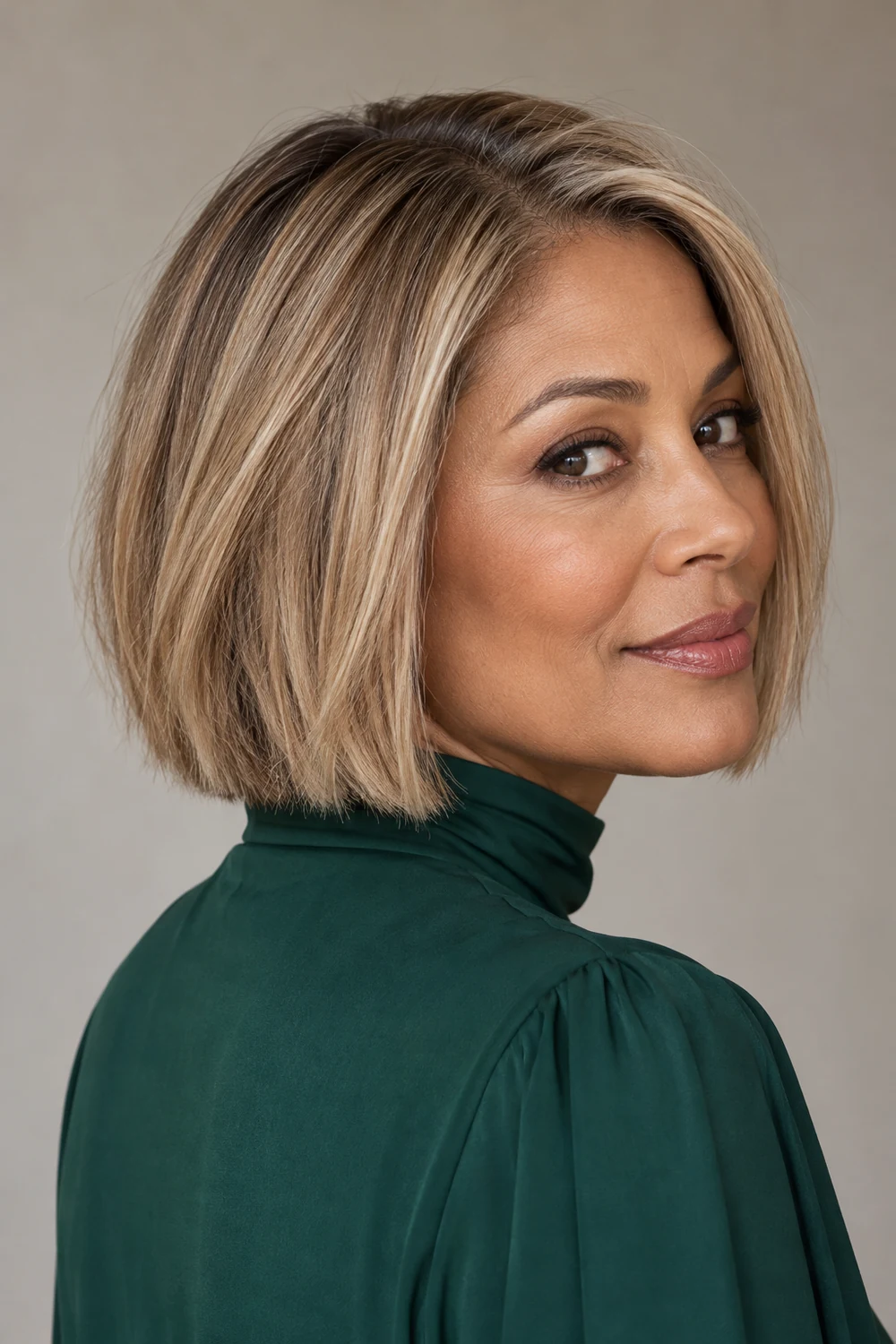 Adult woman in an emerald high-neck top wearing a jaw-length sandy blonde blunt bob with darker beige roots and lighter surface strands.