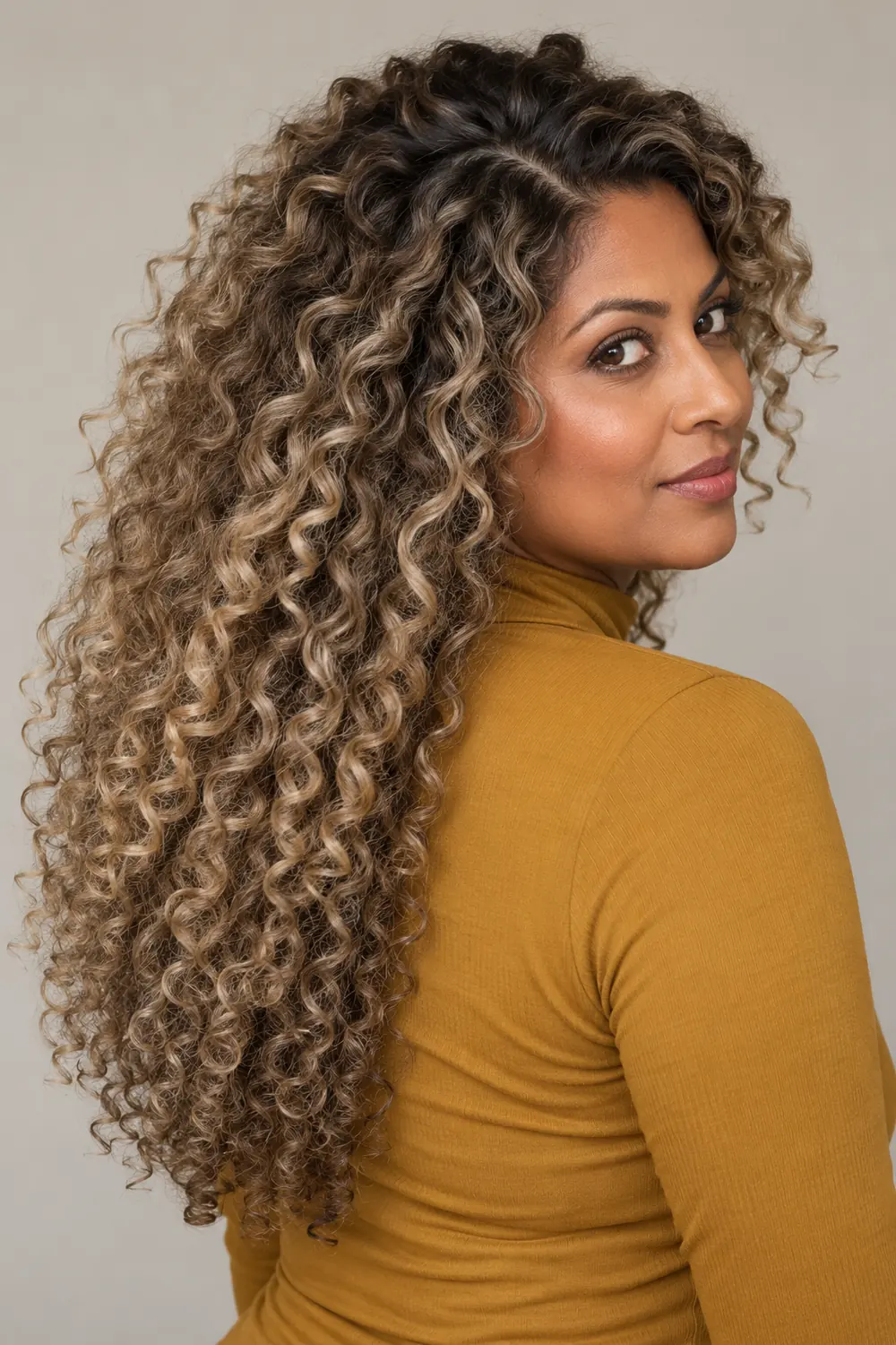 Adult woman in a mustard high-neck top, turned three-quarter toward camera, with long dark-rooted sandy blonde curls and muted beige highlights.