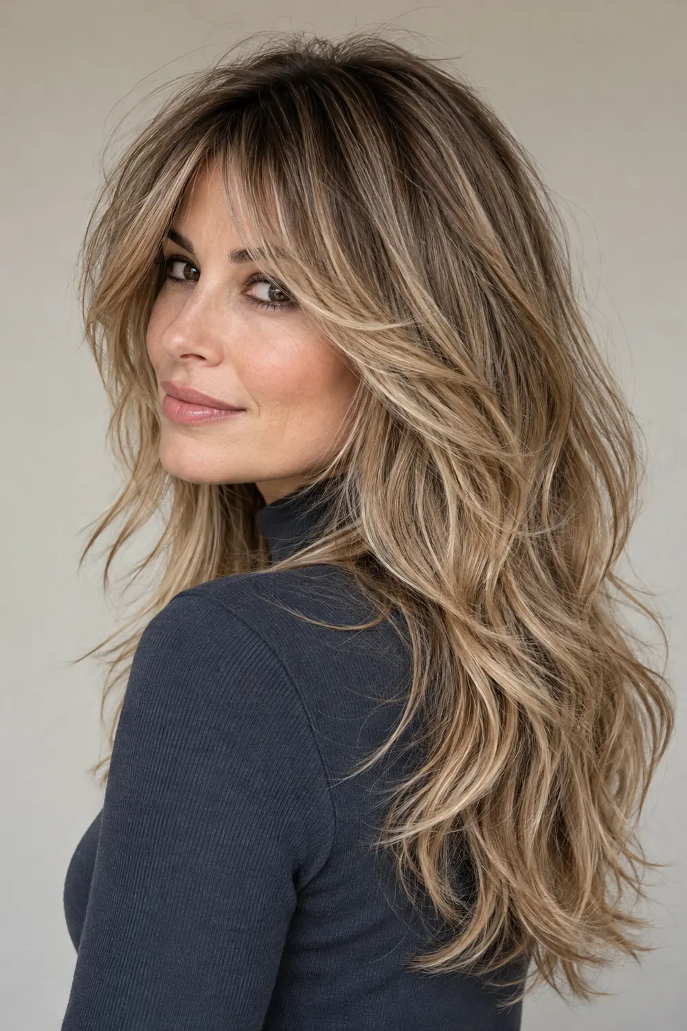 Adult woman in a charcoal-blue high-neck top, showing a long layered sandy blonde shag with darker roots and beige highlights.