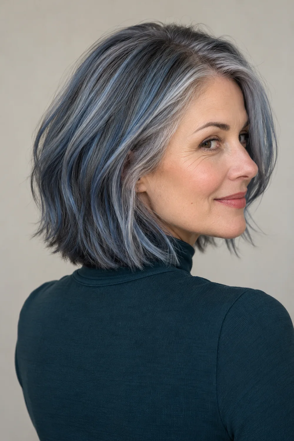 Adult woman in a rear three-quarter view with a full softly bent bob in muted smoky denim blue, darker underlayers, and silver strands at the temples.