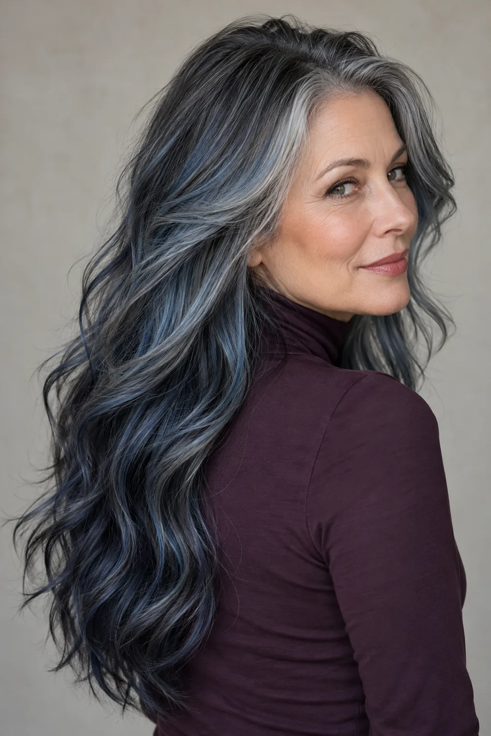 A mature woman in a plum high-neck top, shown in three-quarter view with long wavy smoky blue hair, charcoal roots, gray-blue upper layers, and deeper navy underneath.