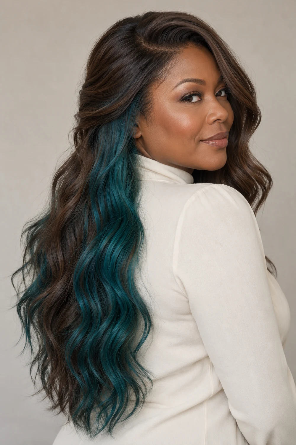 A woman with long brunette waves turns to show a muted petrol teal underlayer beneath the hair on one side.
