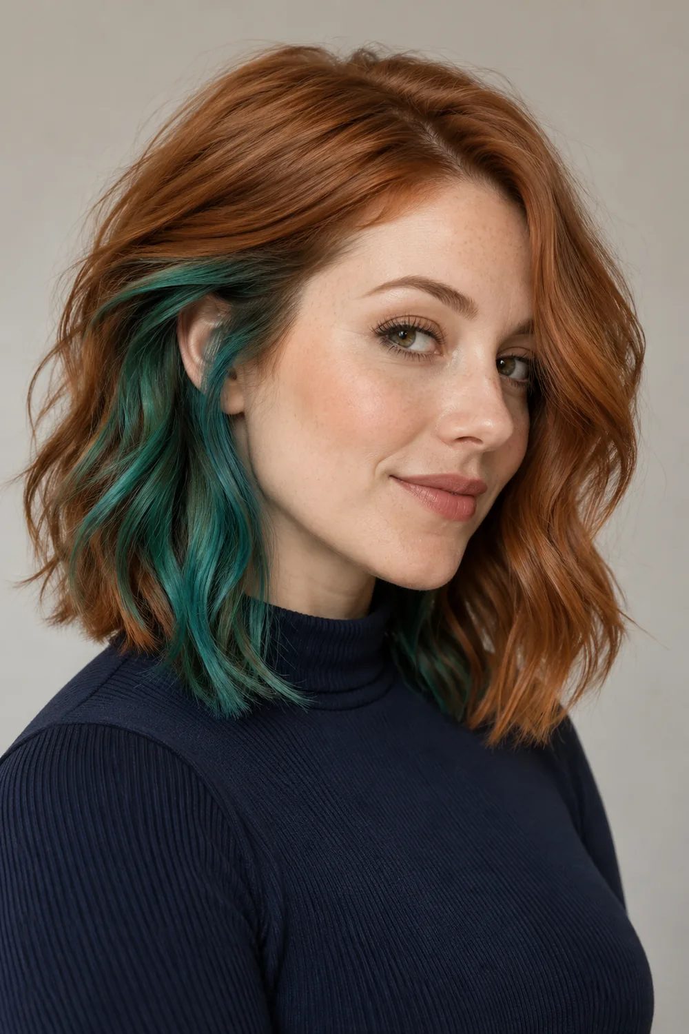 A woman with a softly wavy copper lob and a vivid teal underlayer revealed along one side by an ear tuck.