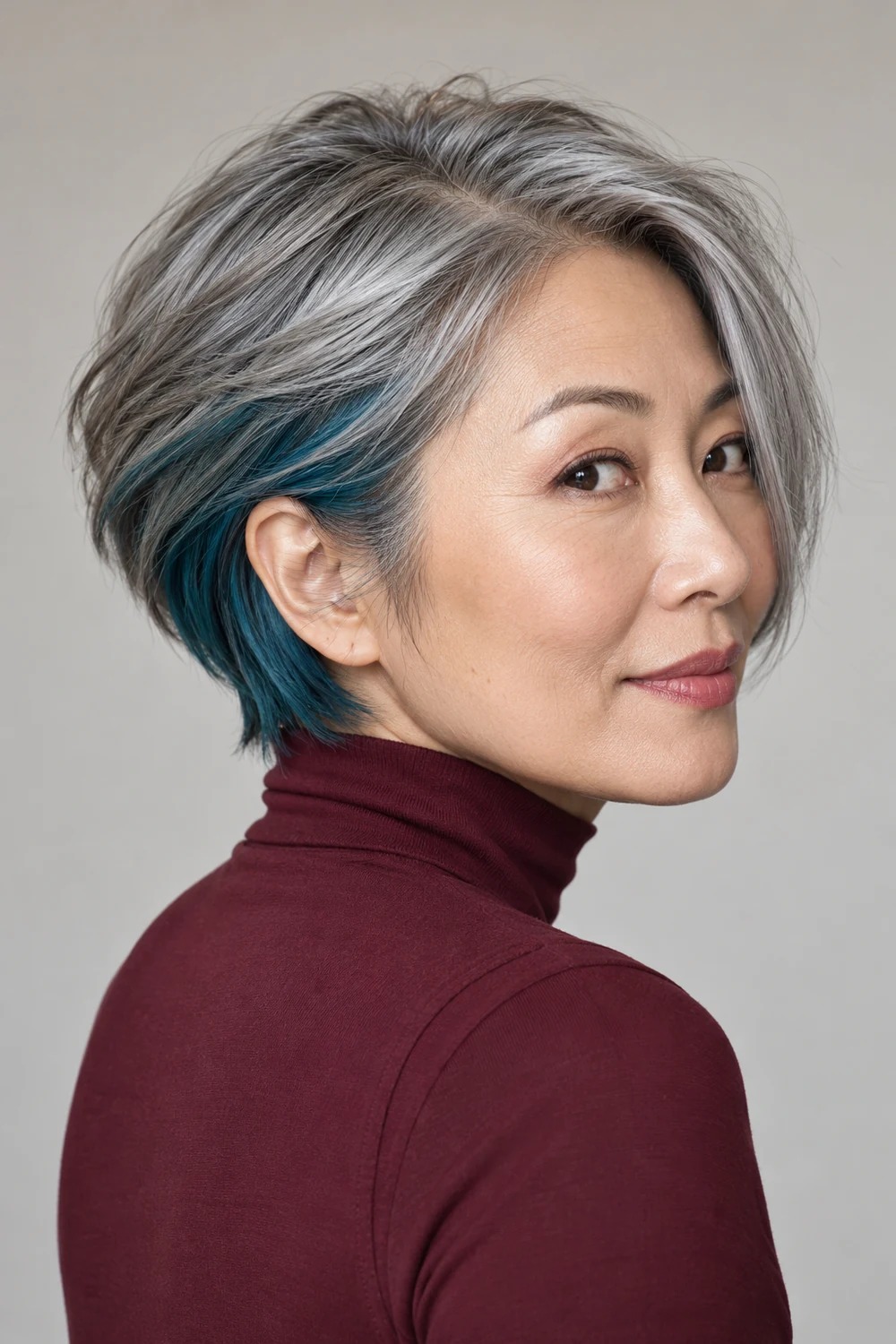 Fictional East Asian woman in a burgundy high-neck top, shown in three-quarter view with a silver-gray pixie bob and smoky teal underlayer visible near the ear and nape.