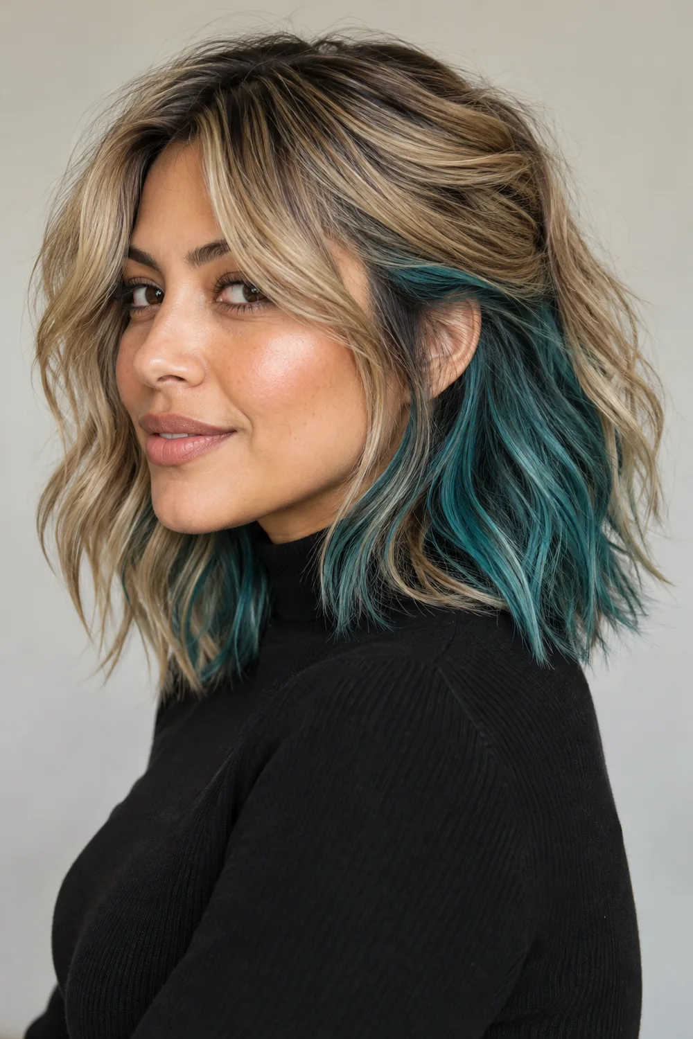 Woman with a tousled sandy blonde shag and deep teal underlayer visible beneath the swept-back side and lower waves.