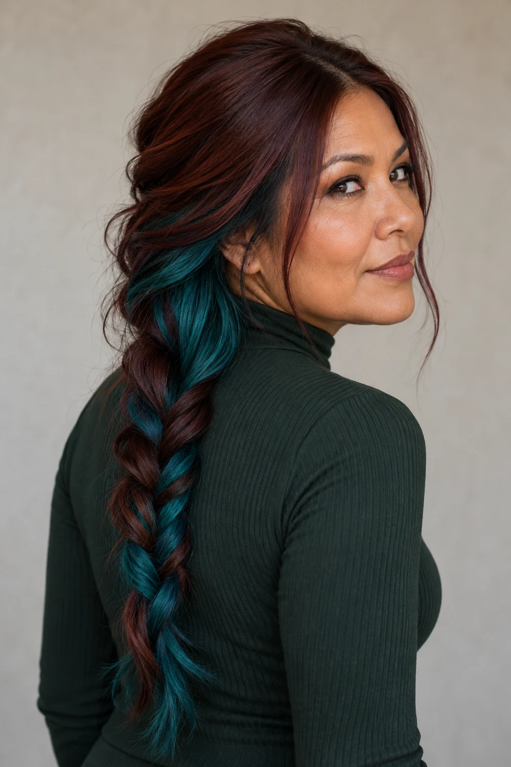 An adult woman in a forest-green high-neck top looks over her shoulder, showing a long dark auburn braid with vivid teal underlayer highlights.