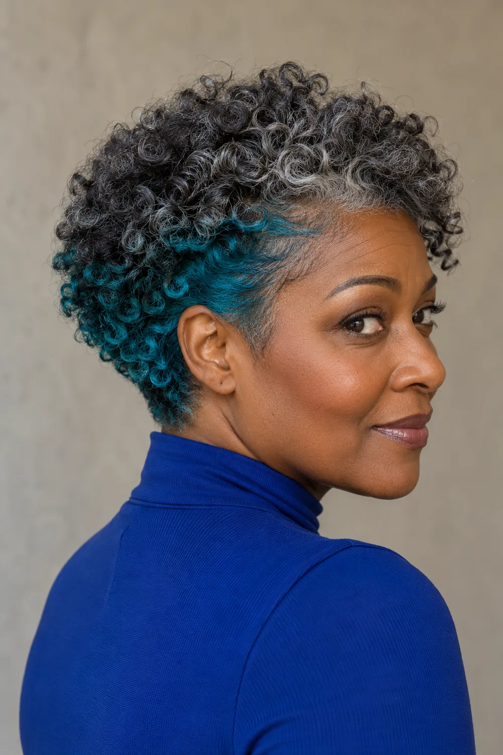 A woman in a cobalt high-neck top turns to reveal deep teal coils beneath a silver-flecked, dark cropped hairstyle.