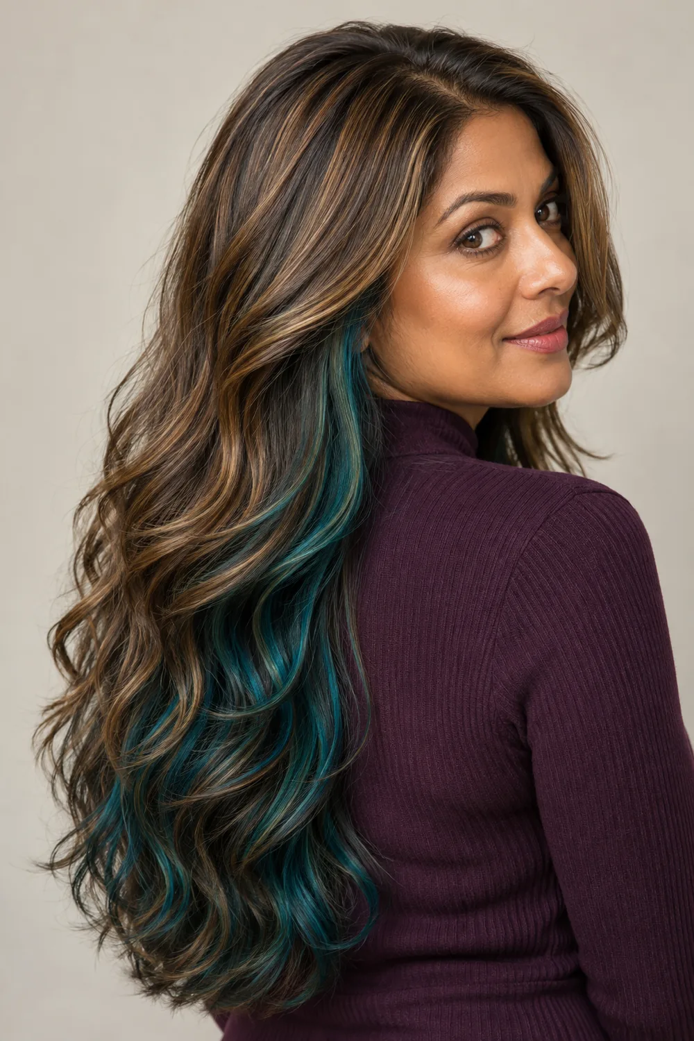 A woman in a plum top turns to show long honey-brown waves with dark turquoise underlayer ribbons visible beneath the side and lower layers.