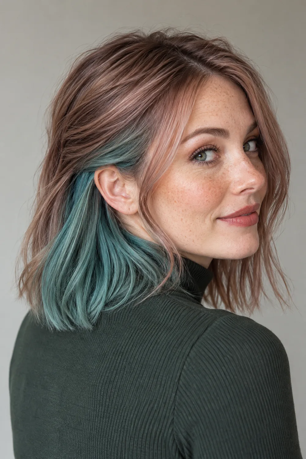 Adult woman with a pale rose-brown lob, showing a sea-glass teal underlayer tucked behind one ear and visible through the ends.
