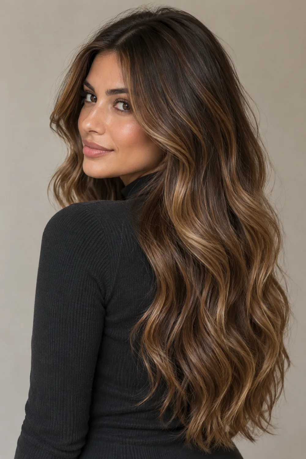 An adult woman with long, softly waved chestnut brunette hair and fine golden-beige ribbons through the mid-lengths and around the face.