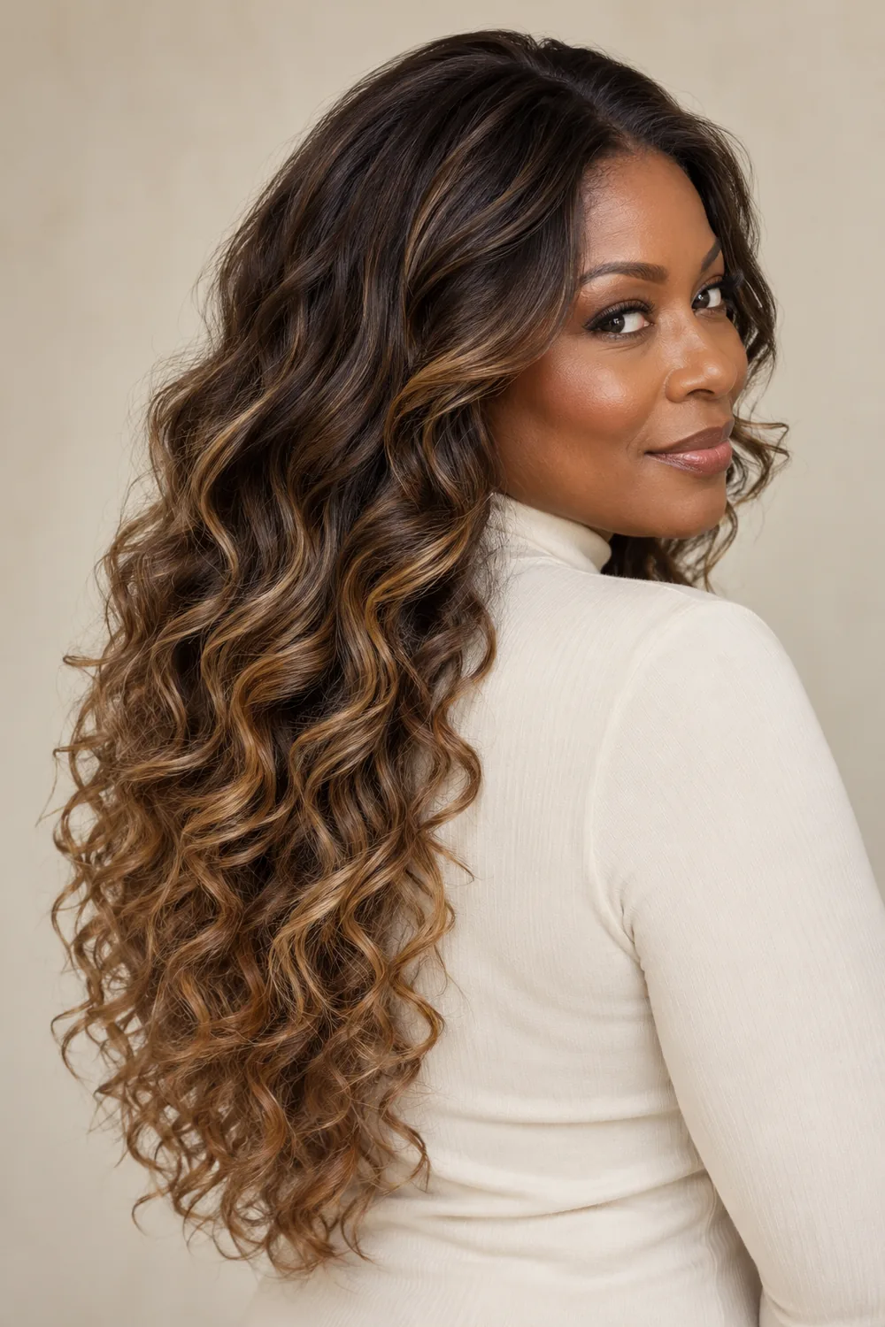 Adult Black woman in a cream high-neck blouse, shown in three-quarter view with long, loose cocoa brunette curls and warm golden-beige ribbons through the lengths and ends.