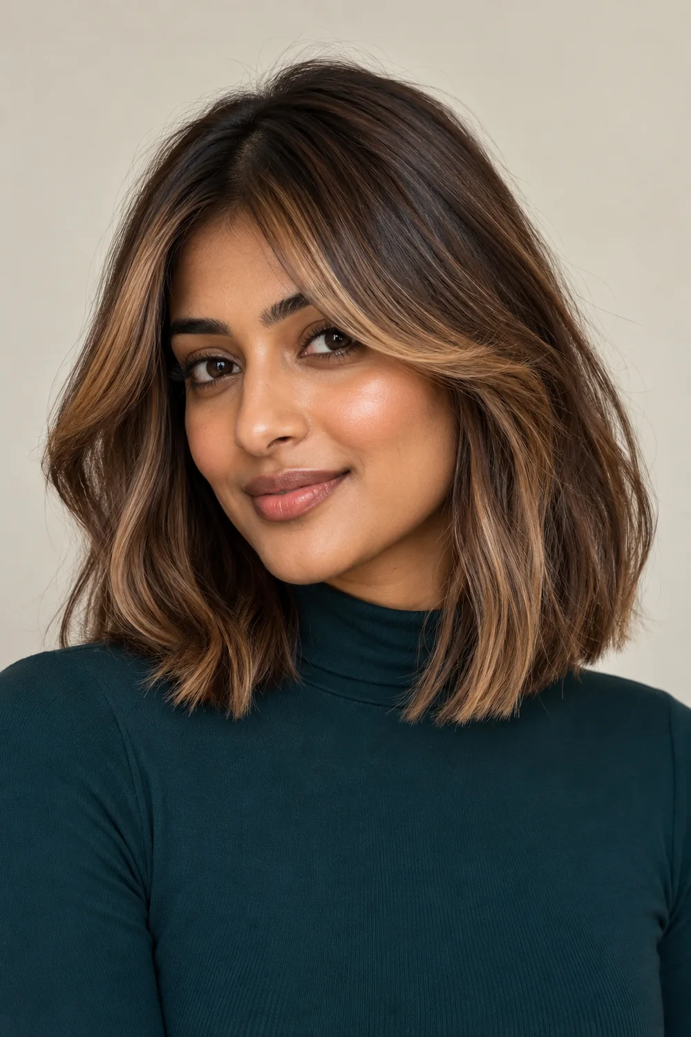 Adult woman with a collarbone-length warm brunette bob, curtain fringe, and golden-beige face-framing strands, wearing a dark teal high-neck top.
