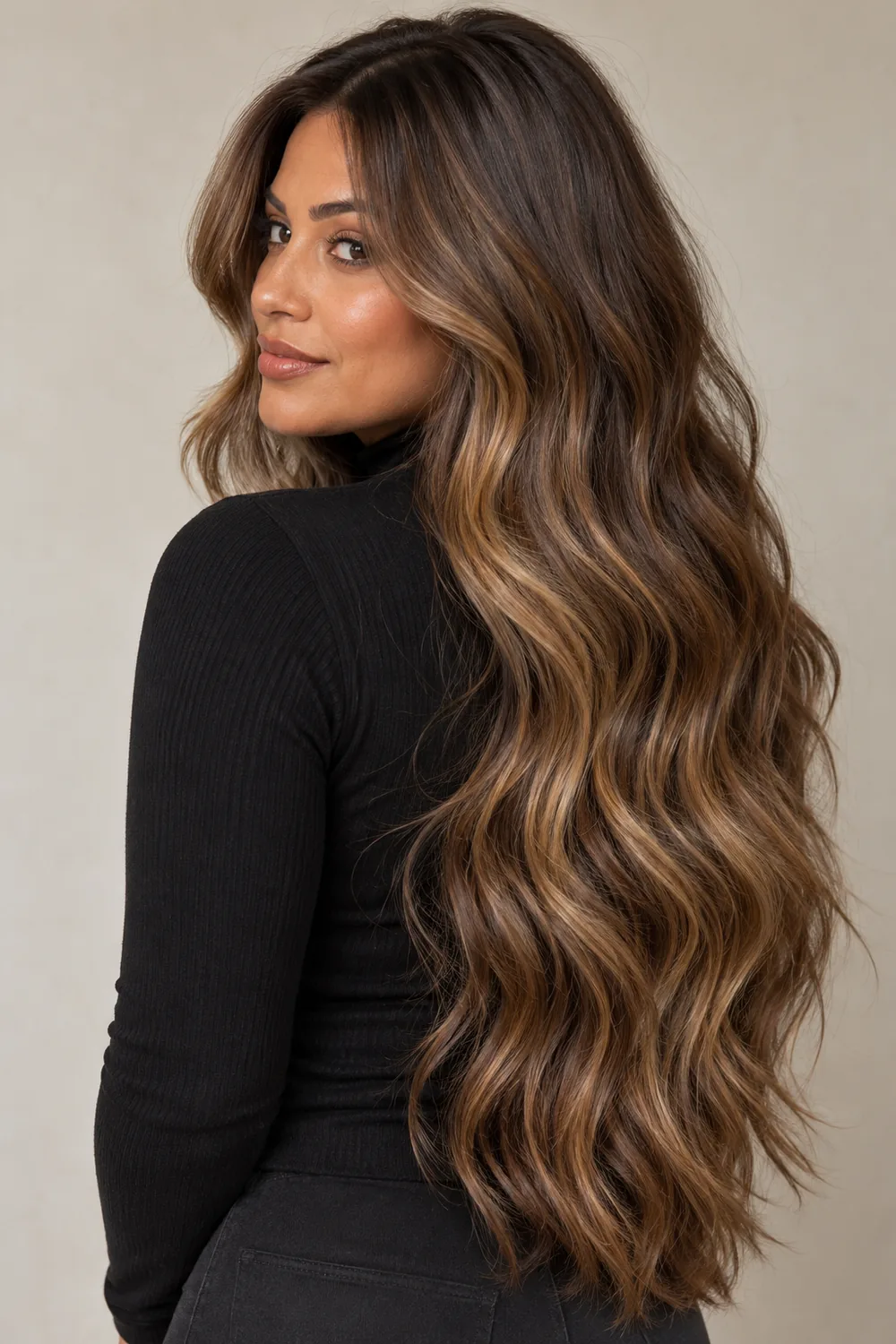 Adult woman in a black high-neck top, shown from a rear three-quarter angle with long hazelnut-brown waves and golden-beige balayage ribbons.