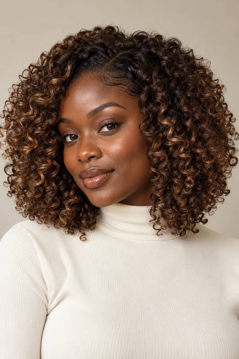 A fictional adult Black woman in an ivory high-neck top with shoulder-length defined brunette curls and fine golden-beige highlights, photographed against a neutral background.